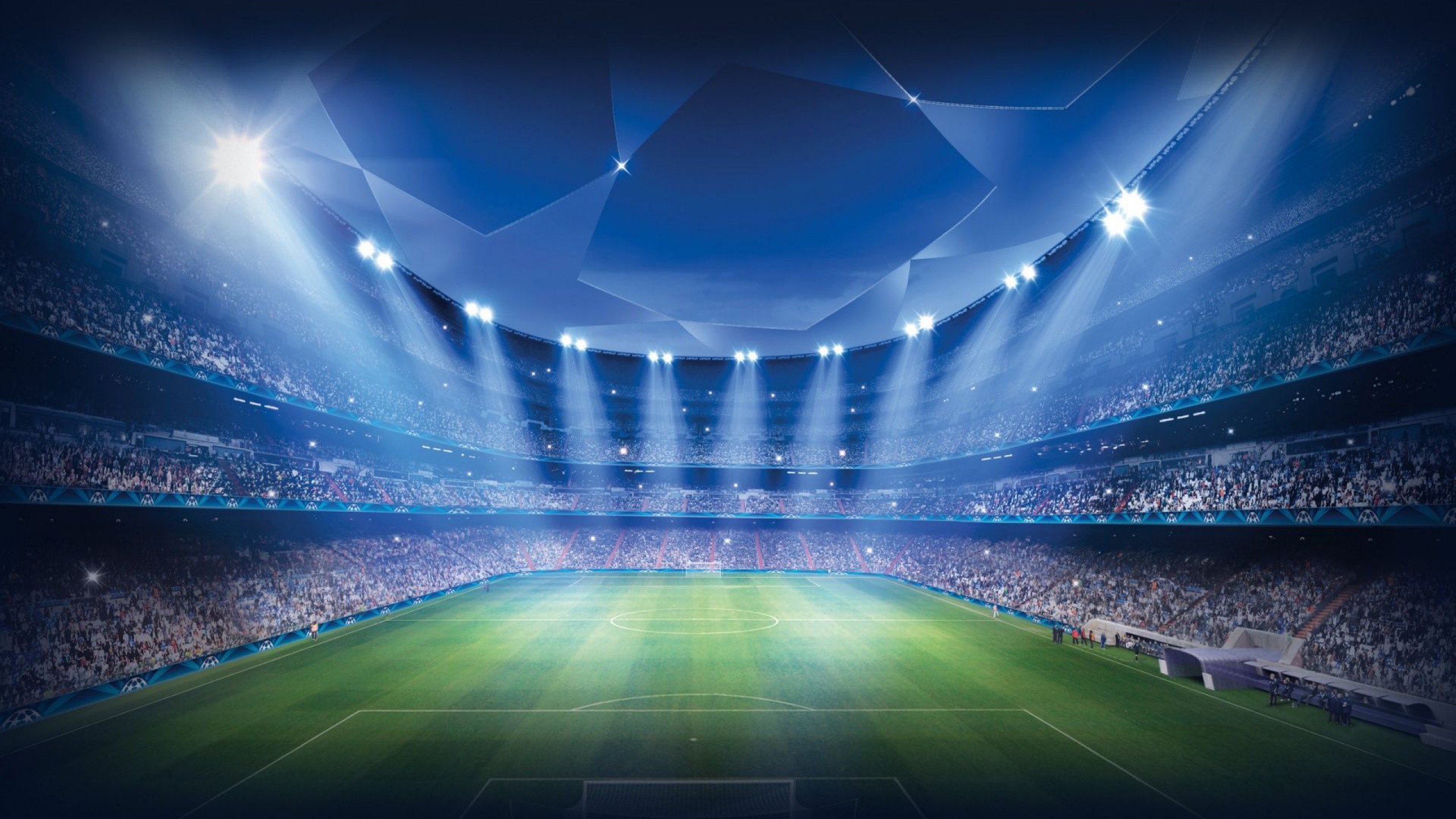 UEFA Champions League, Stadio, Riflettori, Notte, Blu, 2K, sfondo per portatile