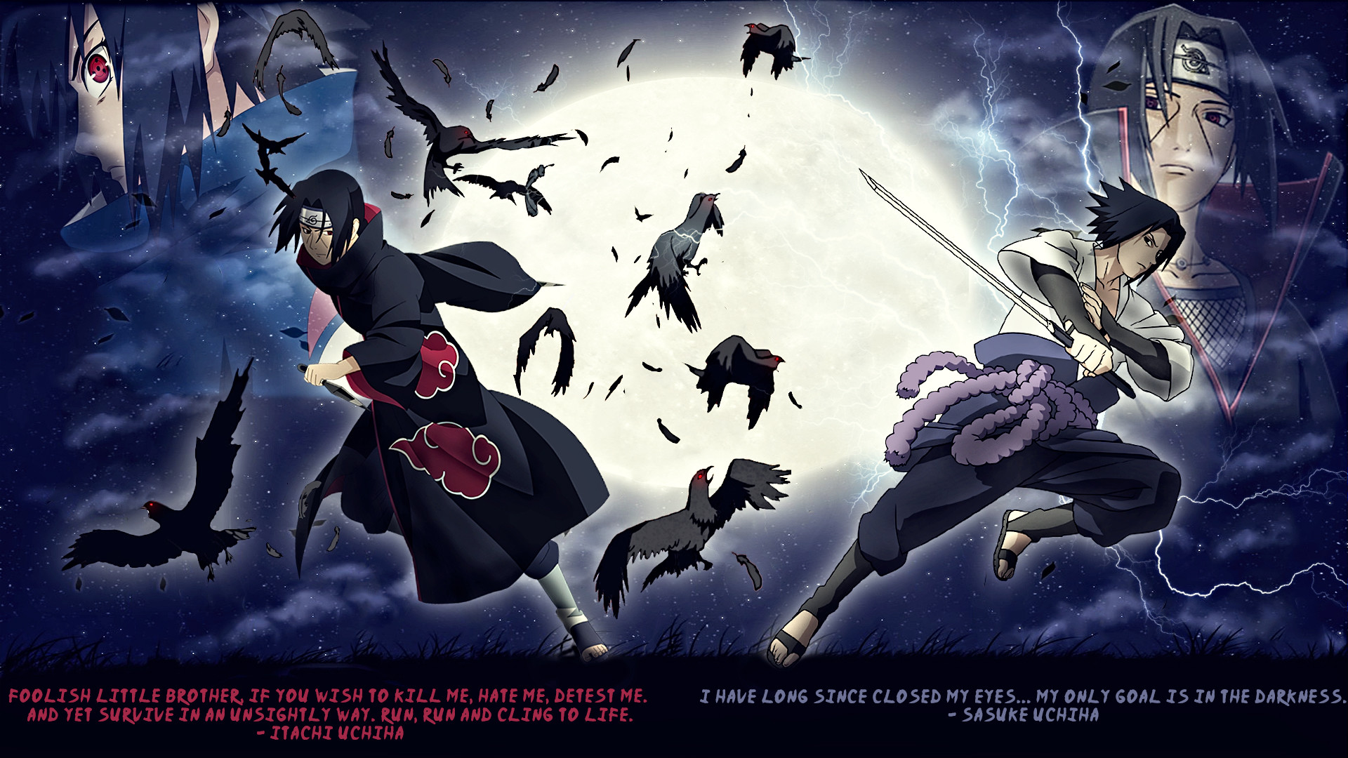 Itachi Uchiha, Sasuke Uchiha, Luna piena, Corvi, Combattimento, Full HD 1080p, sfondo desktop