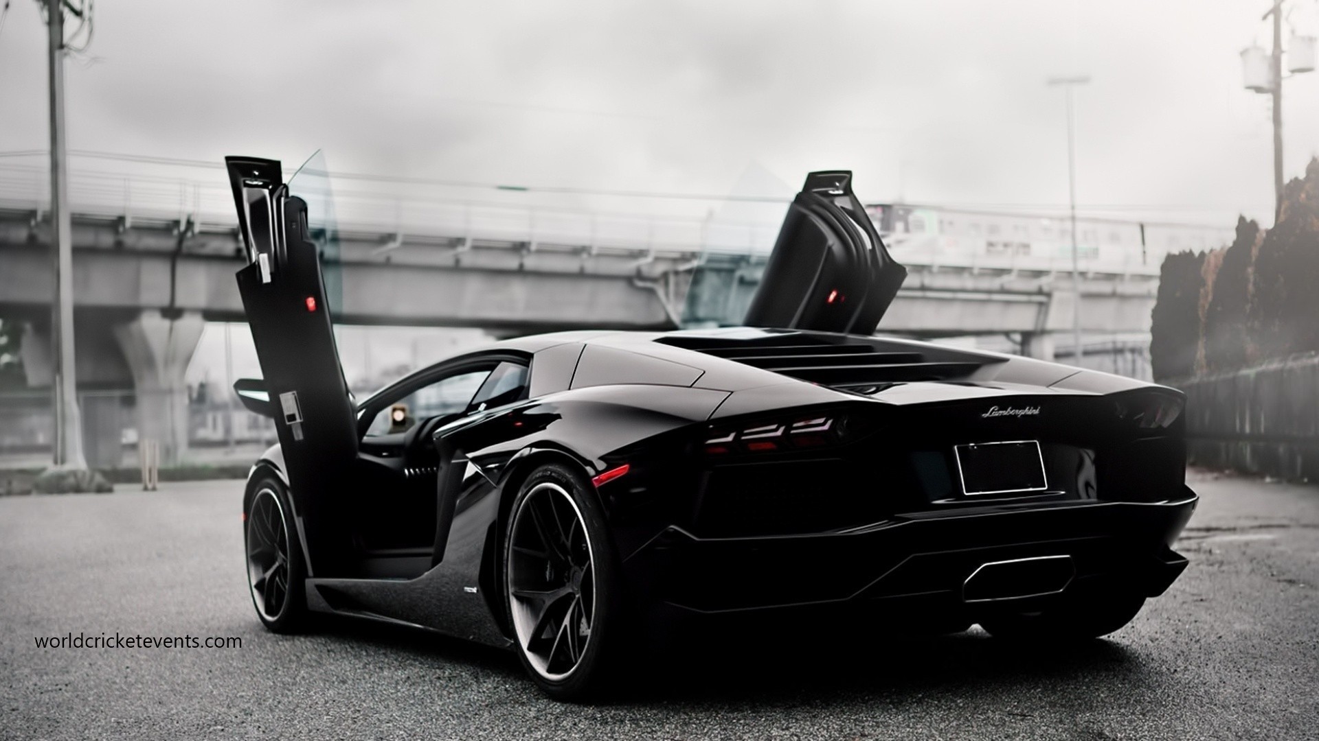 Lamborghini Aventador, Nero, Portiere a forbice, Vista posteriore, sfondo 16:9 Full HD
