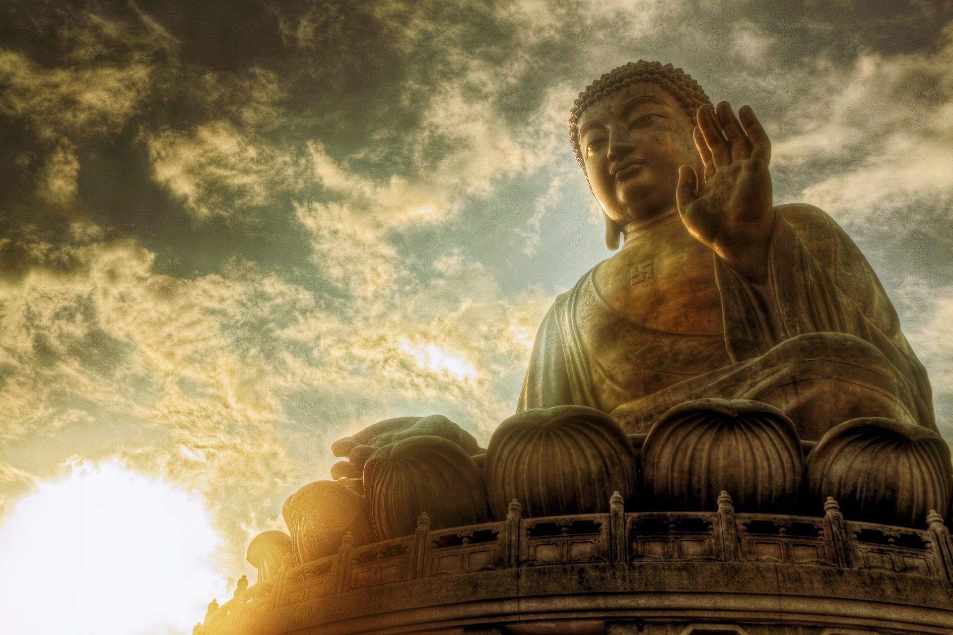 Tian Tan Buddha, Hong Kong, Nuvole, Sole, Full HD, wallpaper desktop