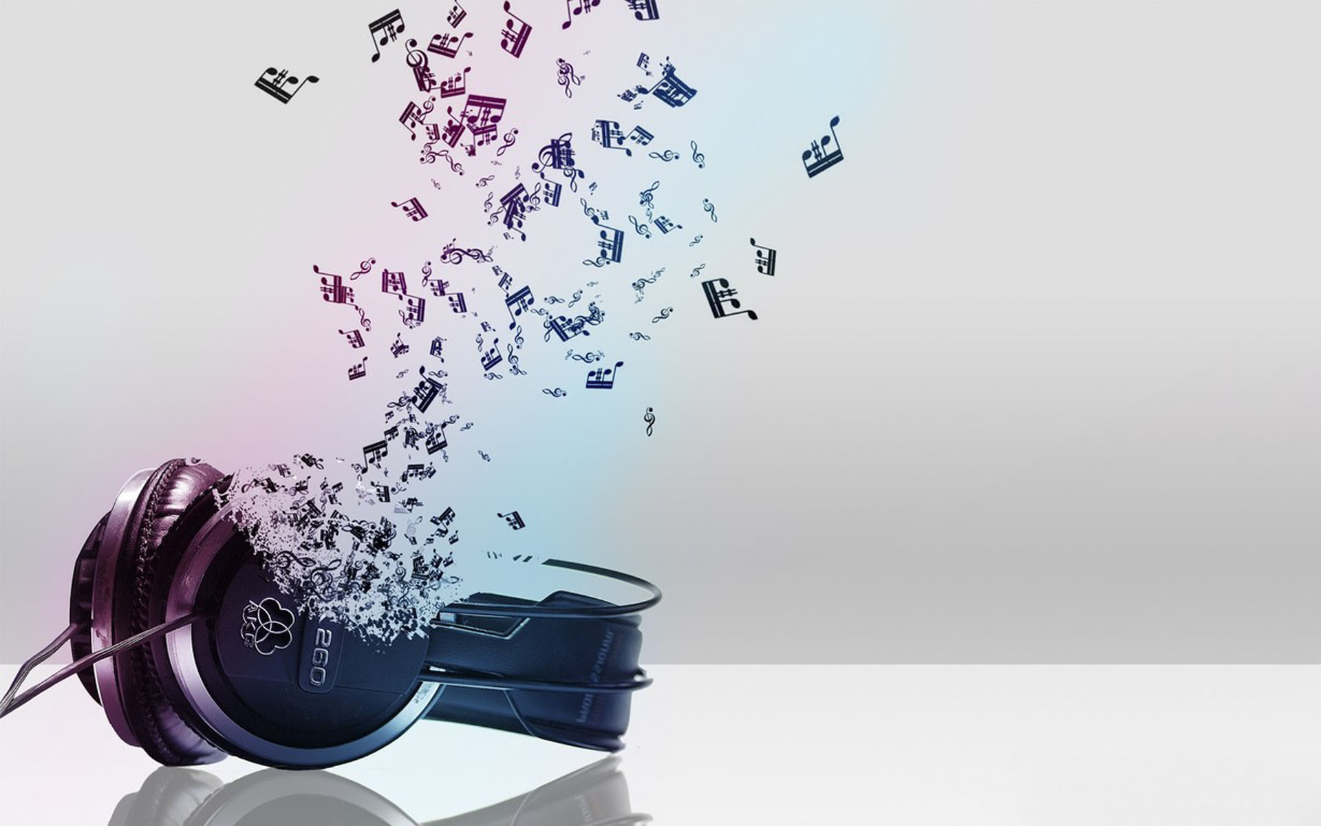 Cuffie, Note musicali, Sfondo grigio, Arte digitale, 16:10 Full HD, wallpaper widescreen