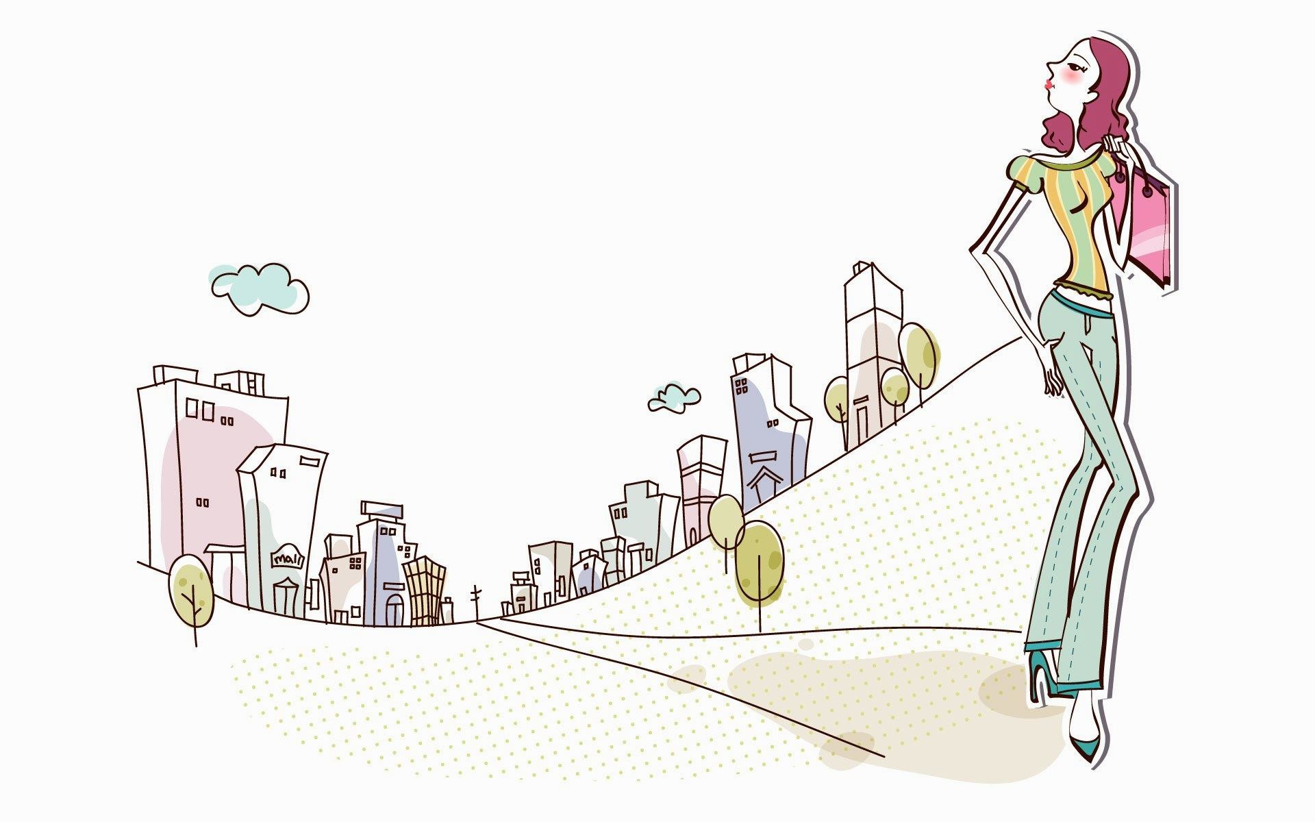 Ragazza alla moda, Illustrazione, Città, Shopping, Full HD, sfondo Windows 11