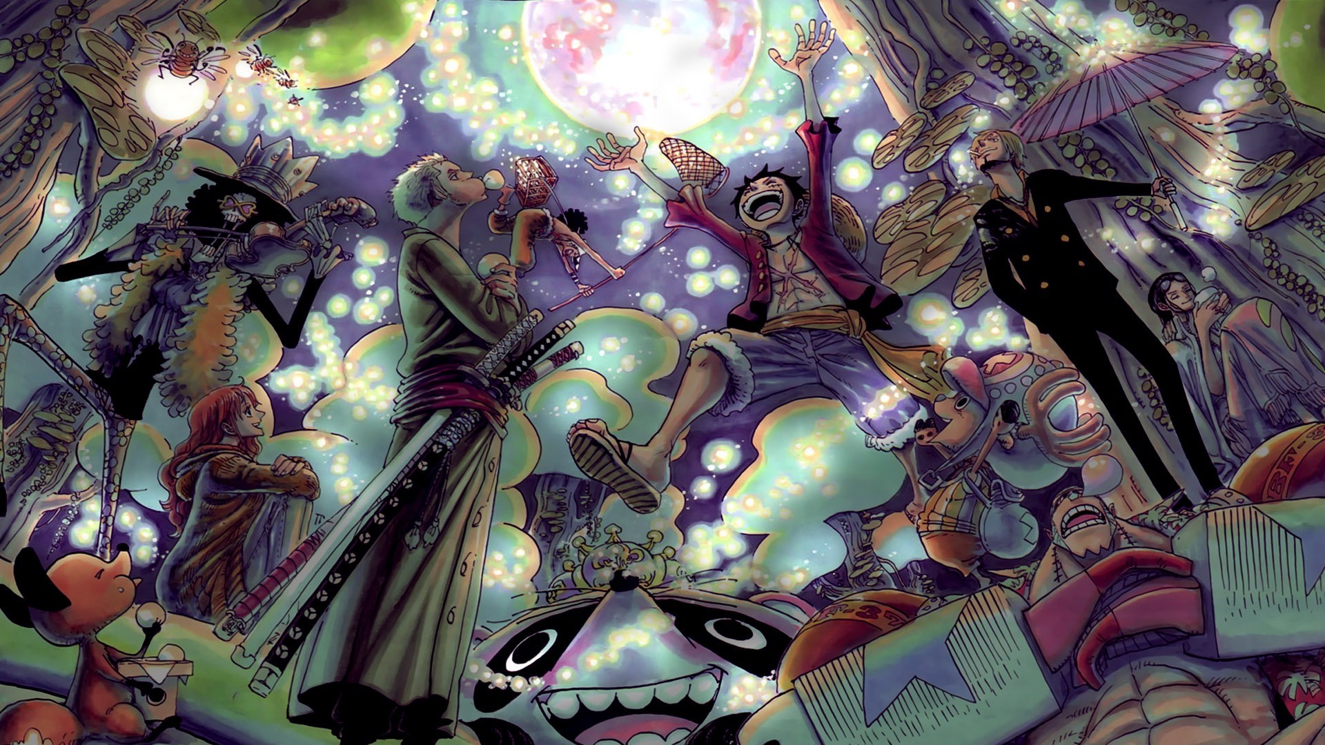 Pirati di Cappello di Paglia, Roronoa Zoro, Monkey D. Luffy, One Piece, Festa, Manga a colori, sfondo 1080p