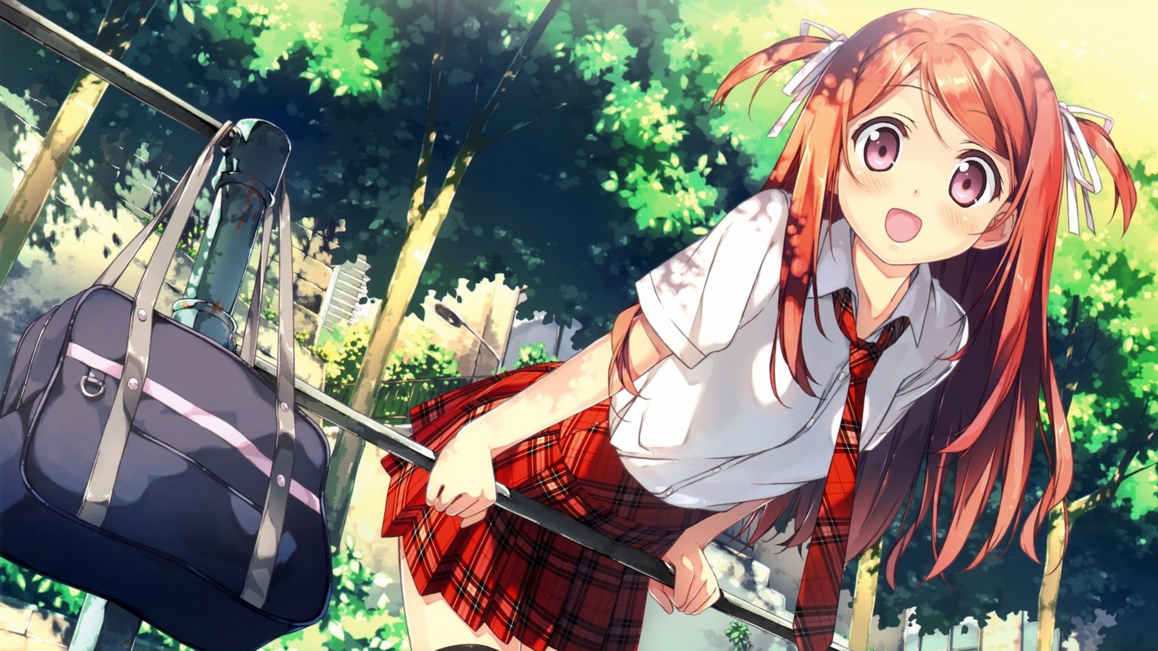 Ragazza anime, Divisa scolastica, Cartella, Alberi, 3840x2160, immagine di sfondo