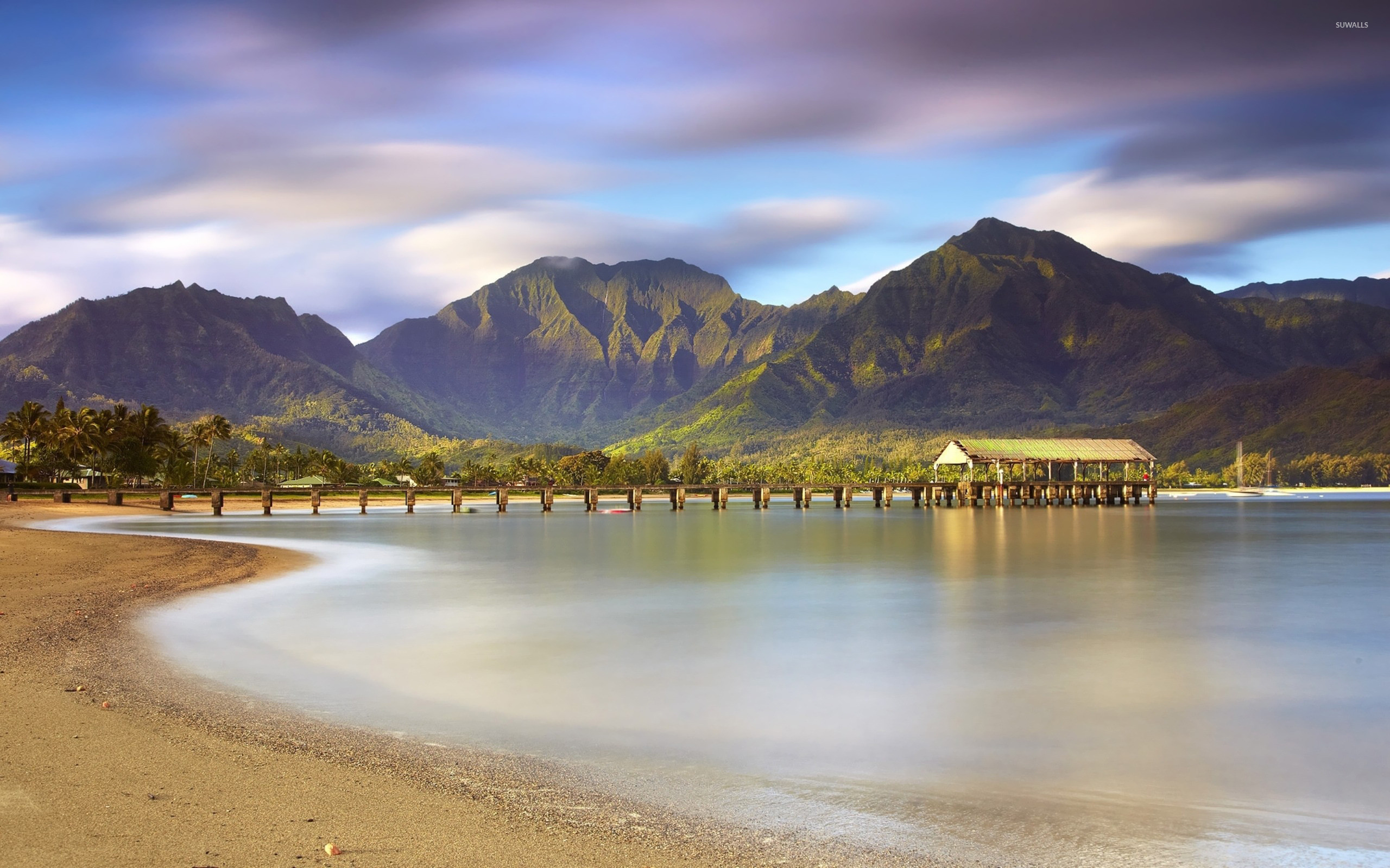 Hanalei Pier, Hanalei Bay, Kauai, Hawaii, Montagne, 2K, sfondo per PC e portatile