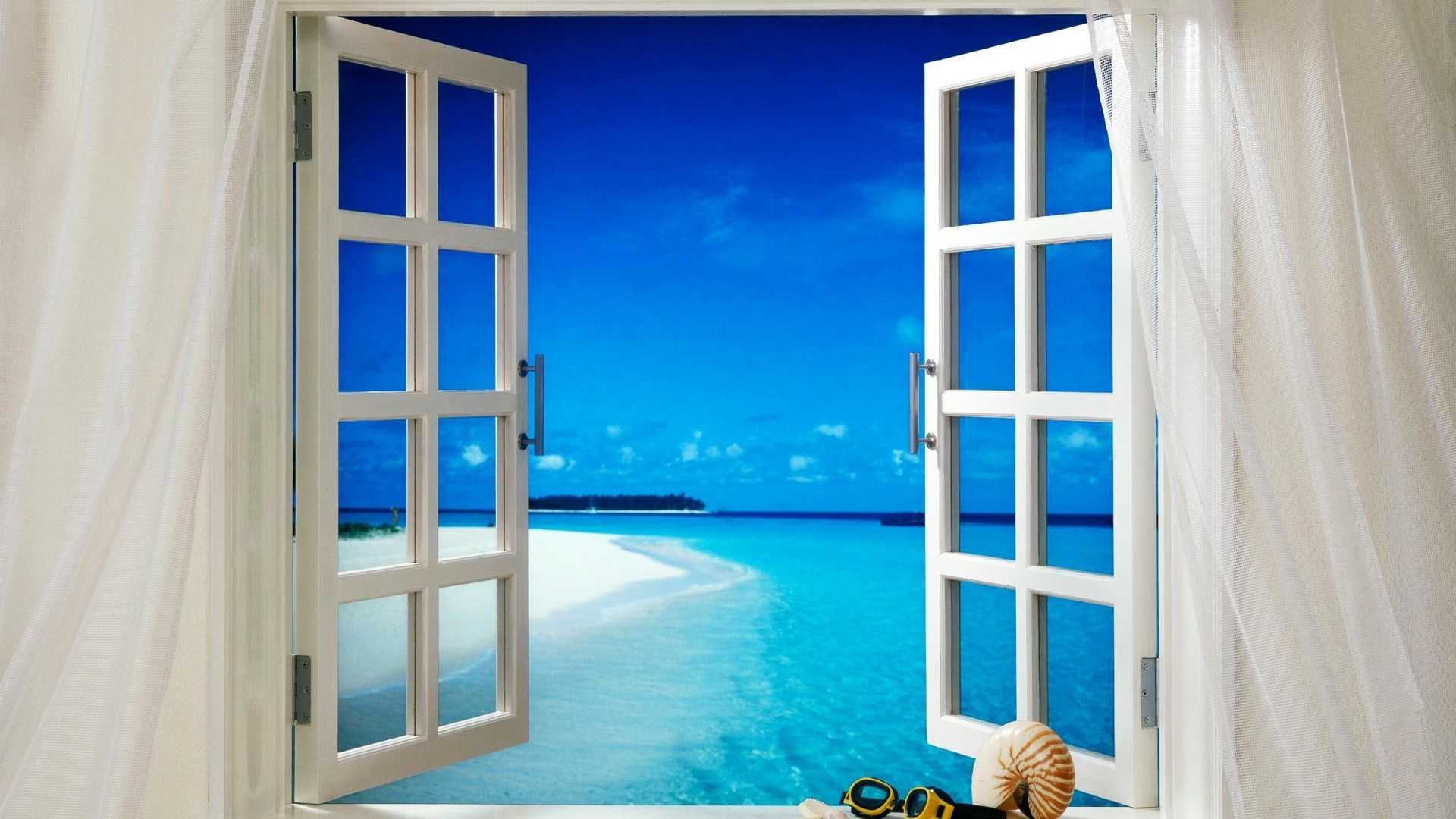 Finestra aperta, Vista mare, Spiaggia tropicale, Tende, Conchiglia, sfondo Windows 11