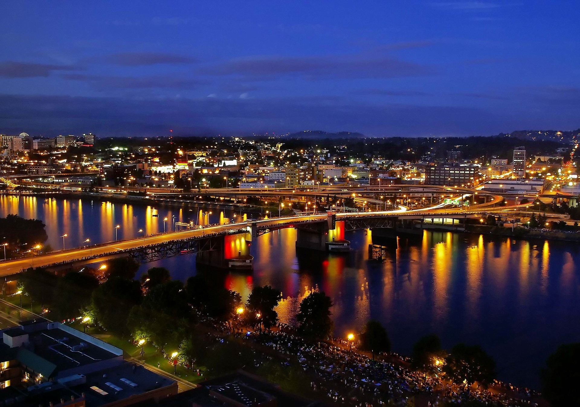 Città, Fiume, Ponte, Luci, Crepuscolo, Full HD, wallpaper per PC