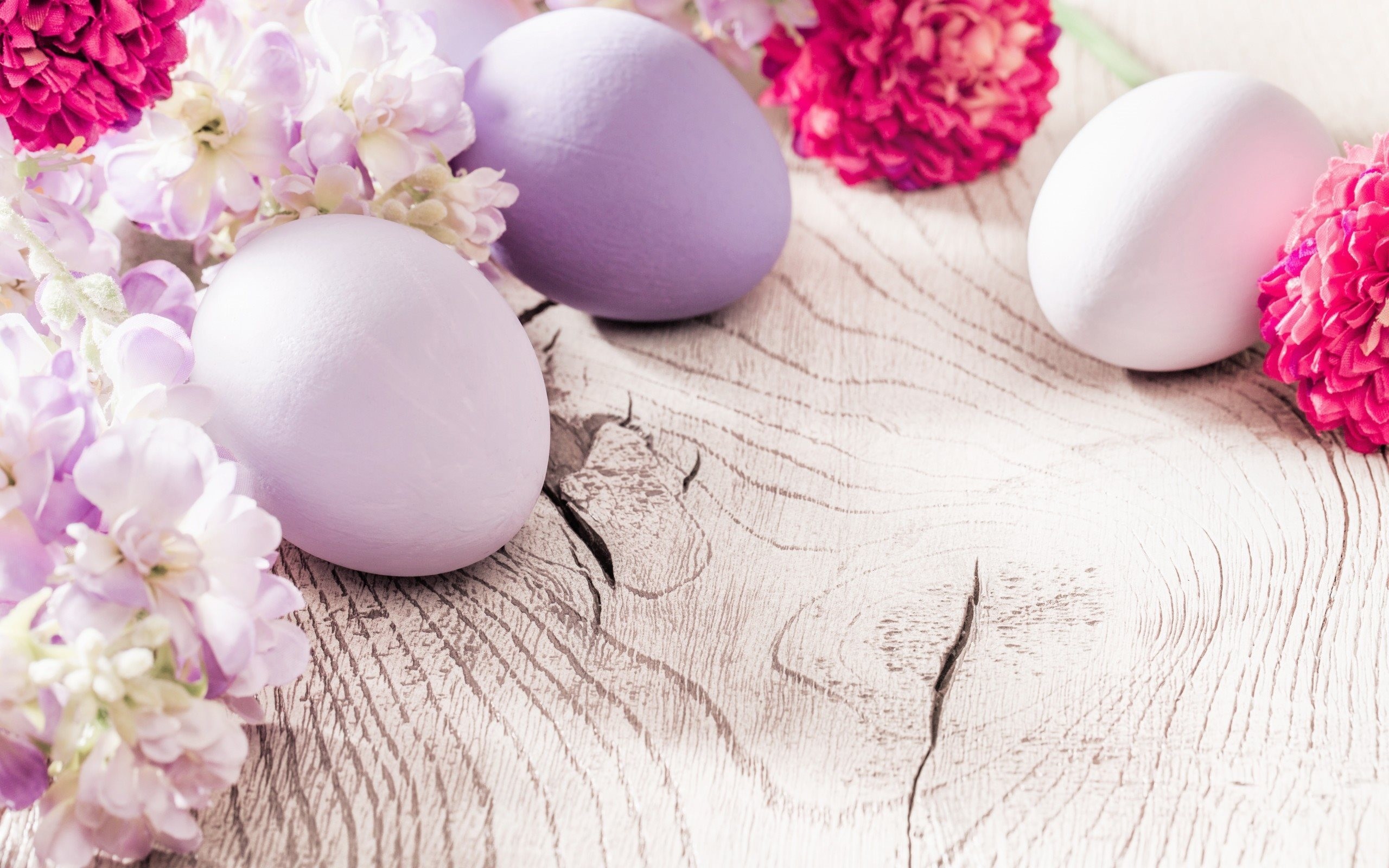 Uova di Pasqua, Colori pastello, Fiori di lillà, Legno chiaro, Lilla, sfondo desktop 2K