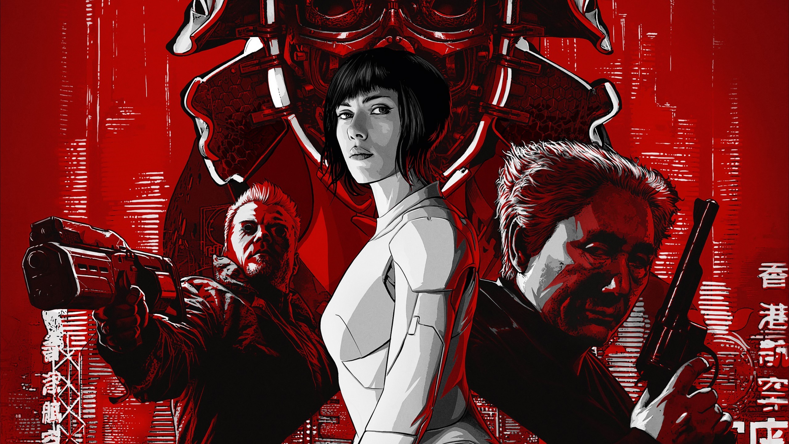 Scarlett Johansson, Takeshi Kitano, Pilou Asbæk, Ghost in the Shell (2017), Rosso, sfondo 1440p