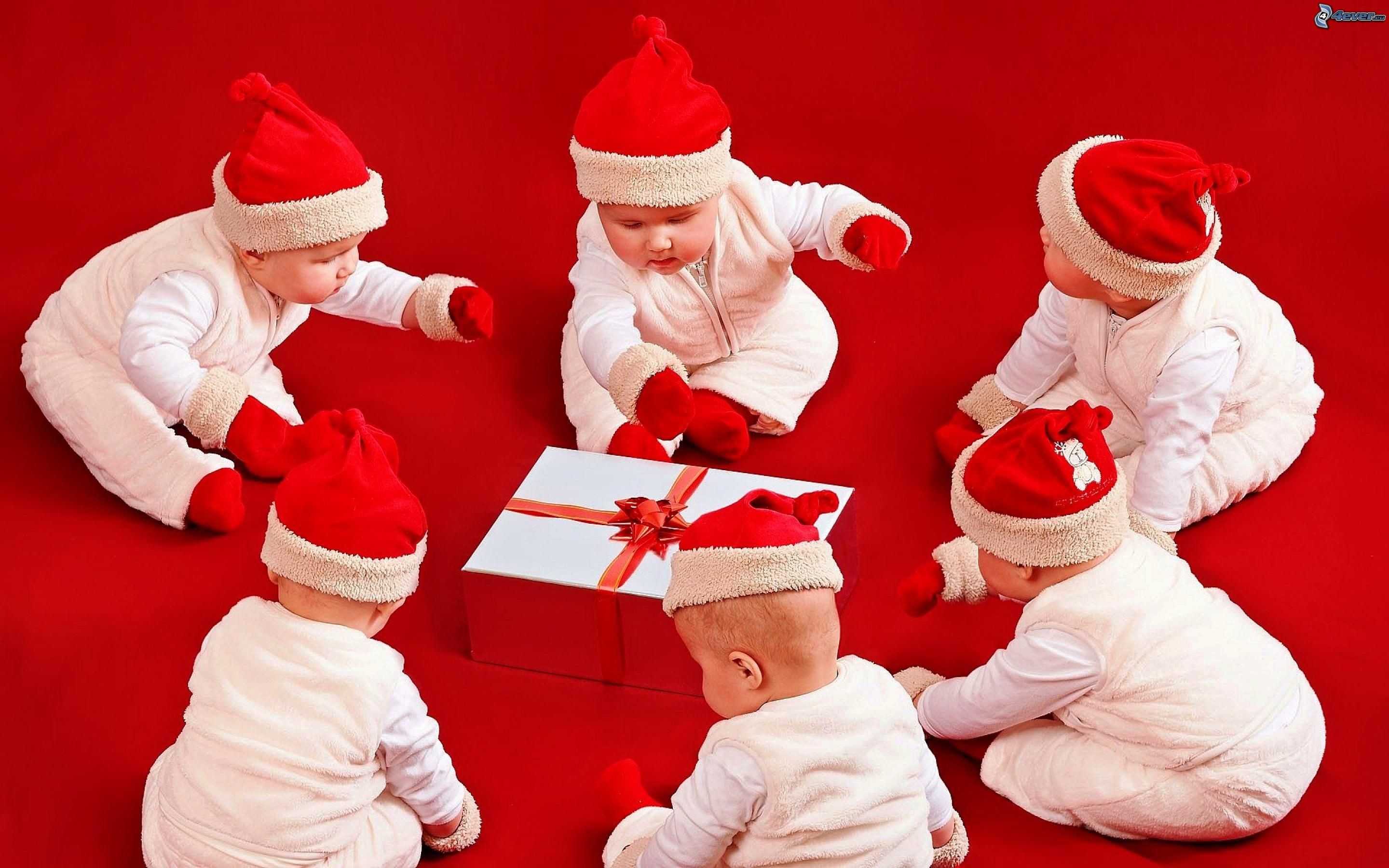 Neonati, Cappellini di Babbo Natale, Regalo, Natale, Rosso, 16:10 2K, wallpaper widescreen