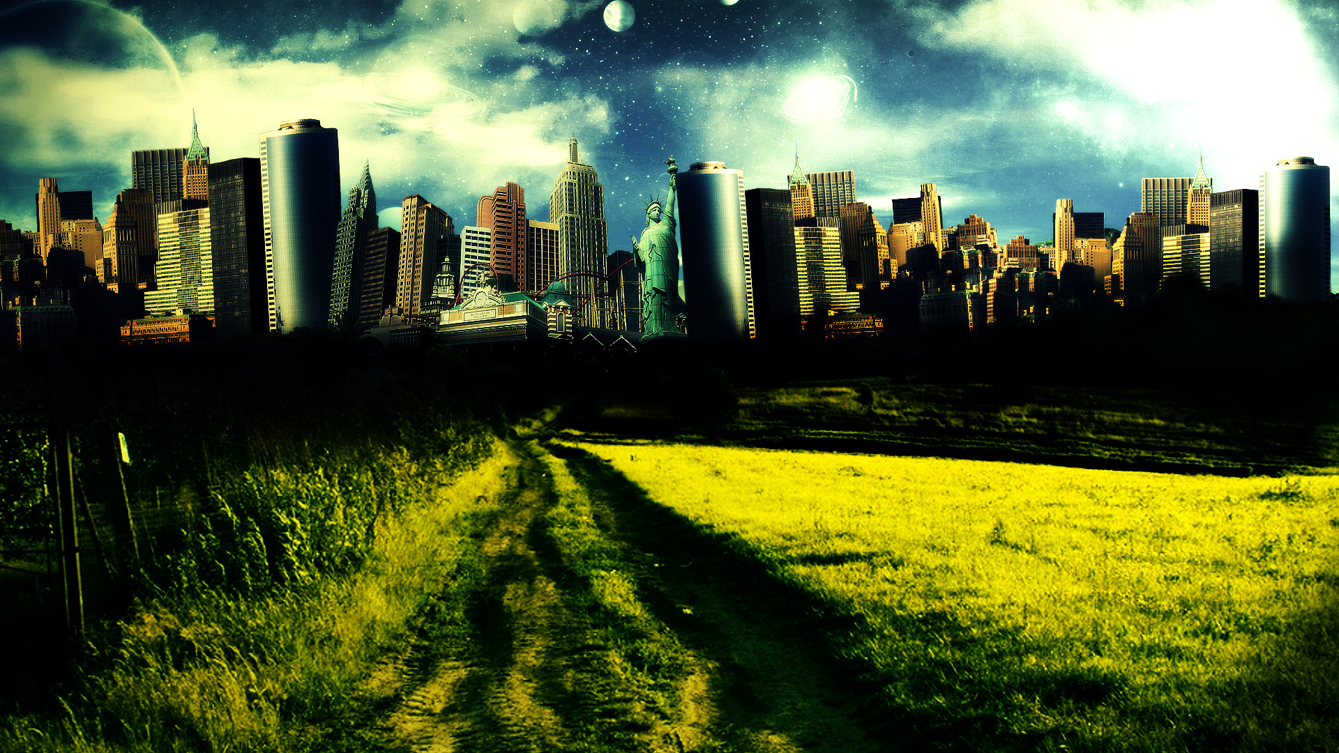 Skyline, Grattacieli, Campo, HDR, Full HD 1080p, sfondo desktop