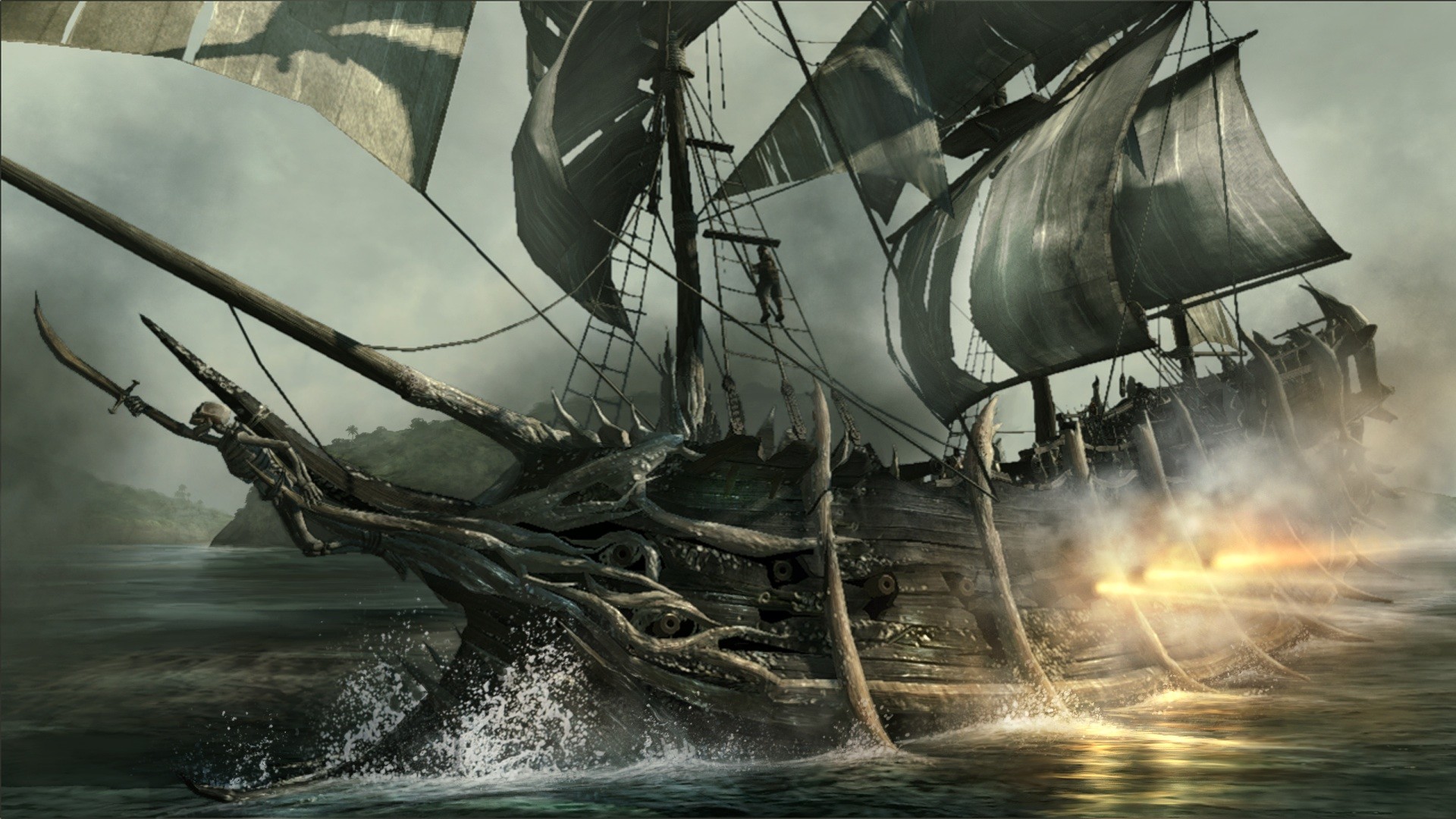 Nave fantasma, Olandese Volante, Pirati dei Caraibi, Mare, Cannoni, sfondo 16:9 Full HD