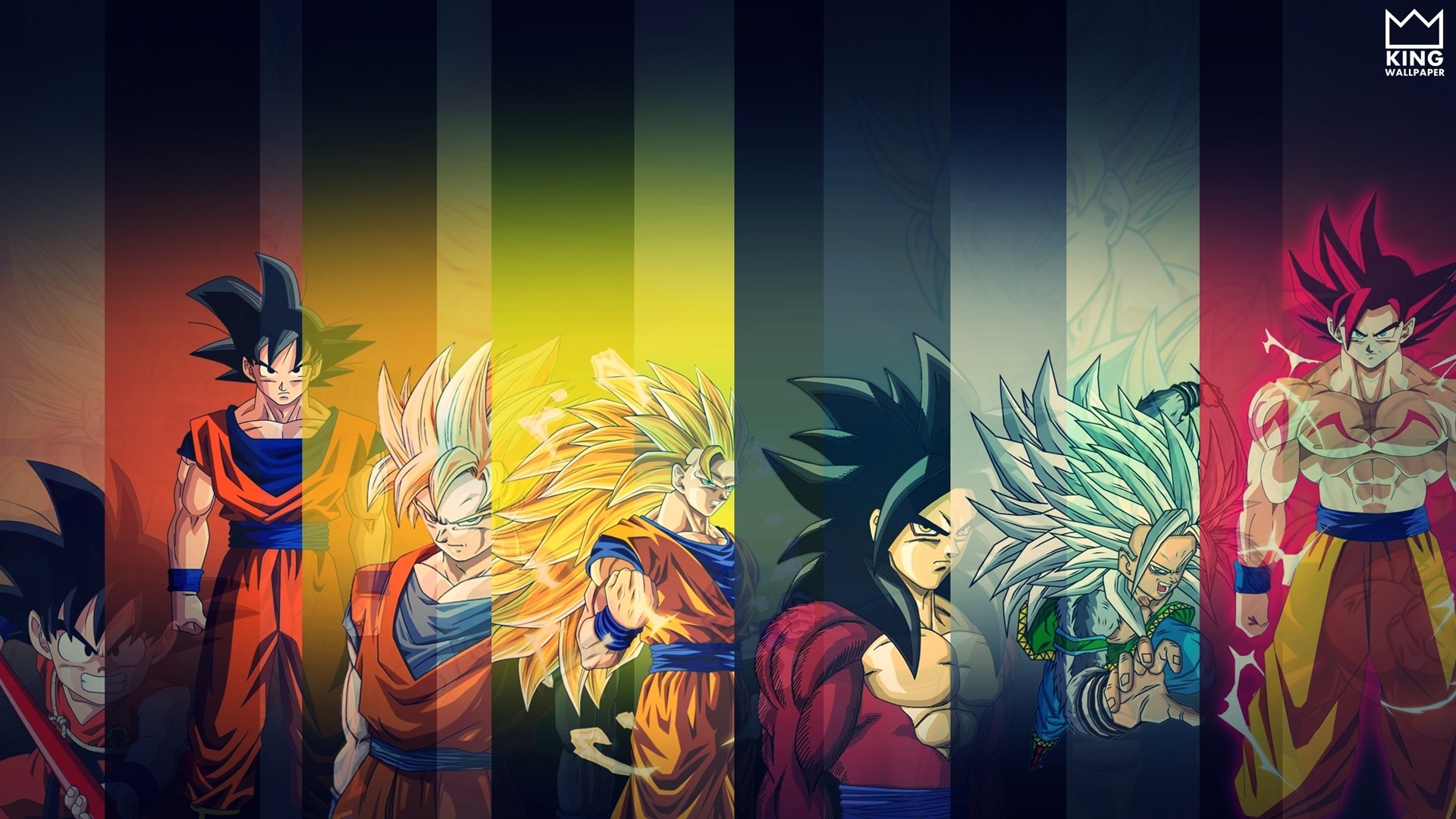 Goku, Trasformazioni di Goku, Super Saiyan 4, Super Saiyan God, Dragon Ball, Strisce colorate, sfondo 1080p