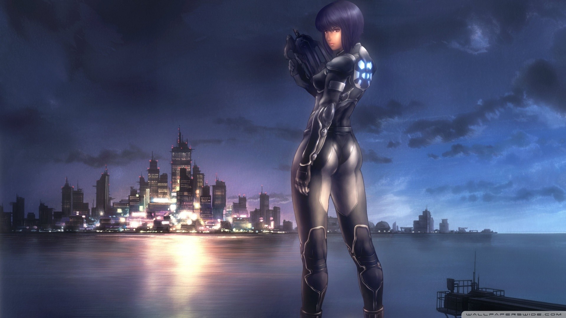 Motoko Kusanagi, Ghost in the Shell, Città notturna, Tuta termottica, sfondo desktop 1920x1080