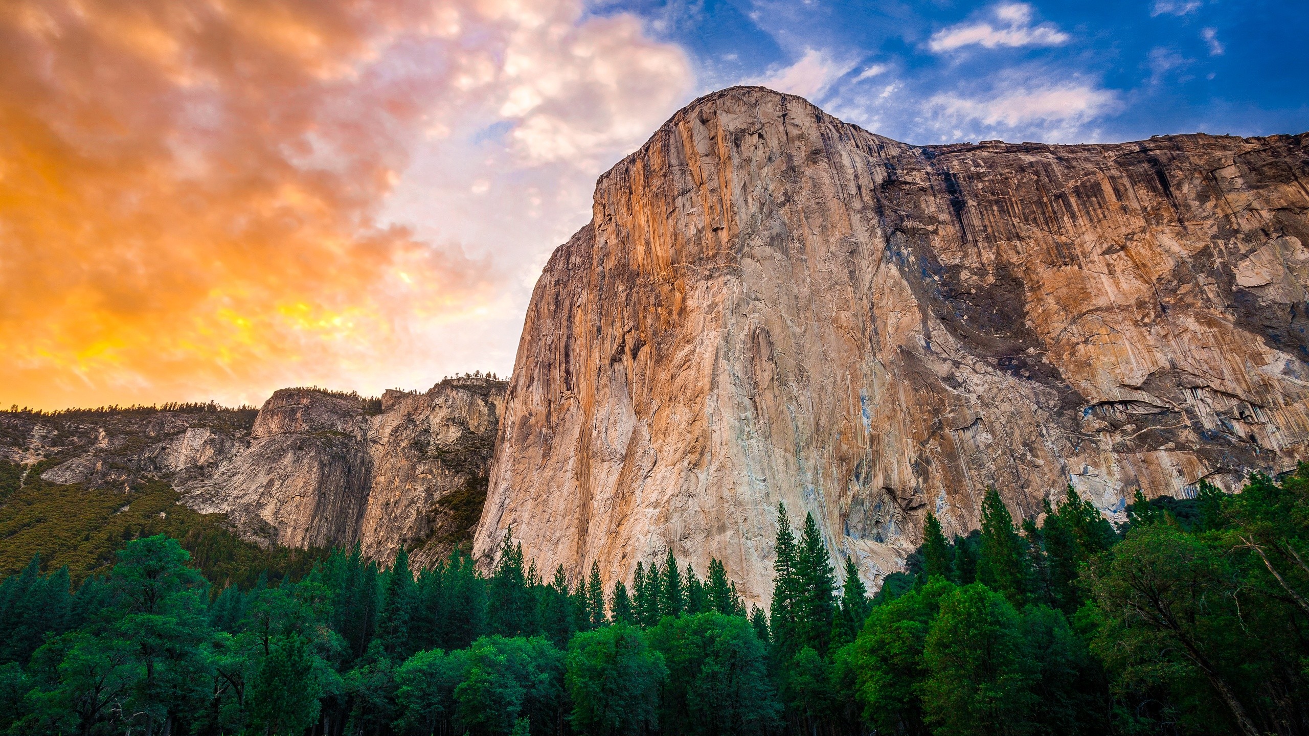 El Capitan, Yosemite, Parete rocciosa, Foresta, Tramonto, 2K, sfondo desktop