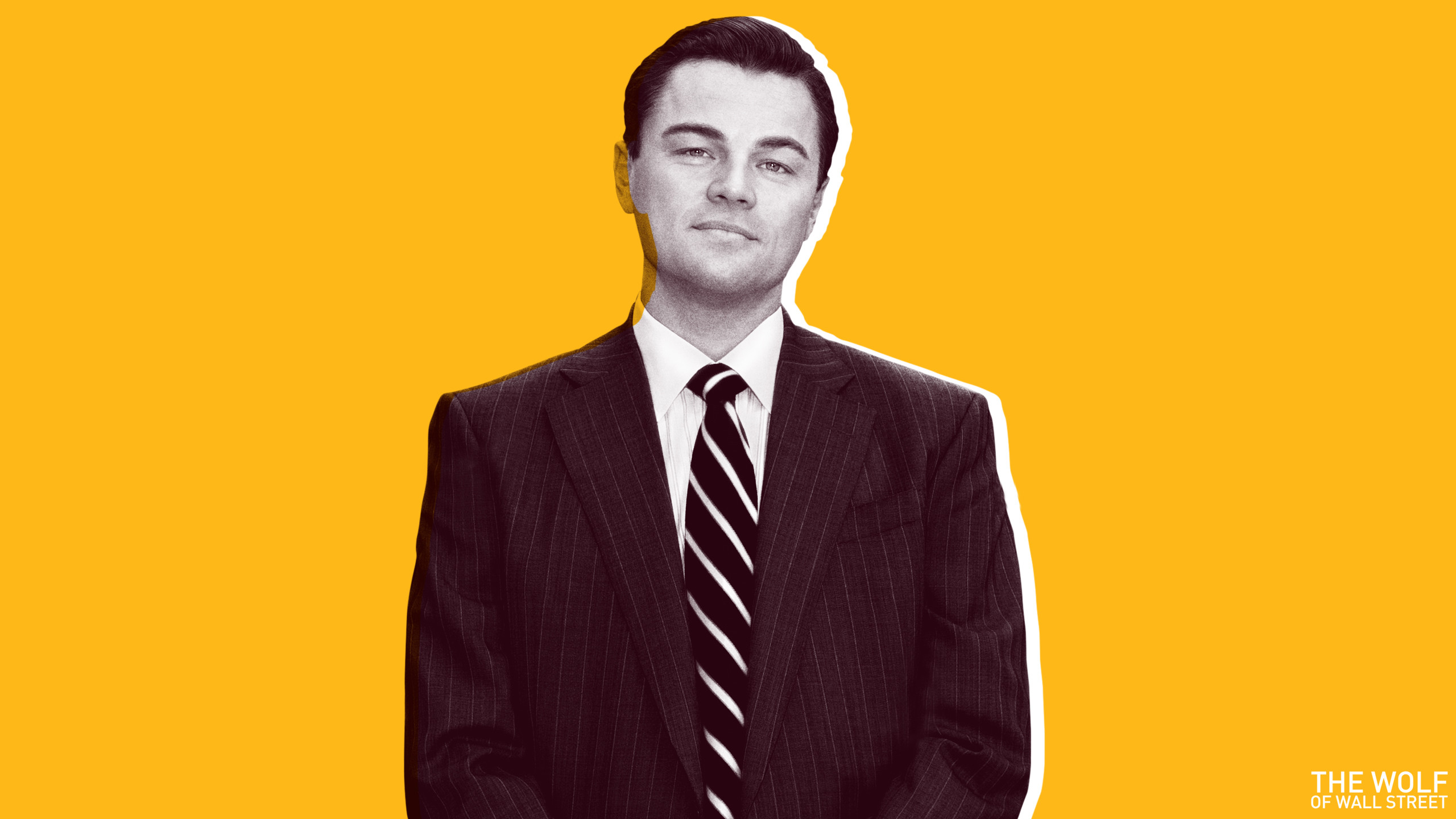 Leonardo DiCaprio, Jordan Belfort, The Wolf of Wall Street, Sfondo giallo, wallpaper Windows 11