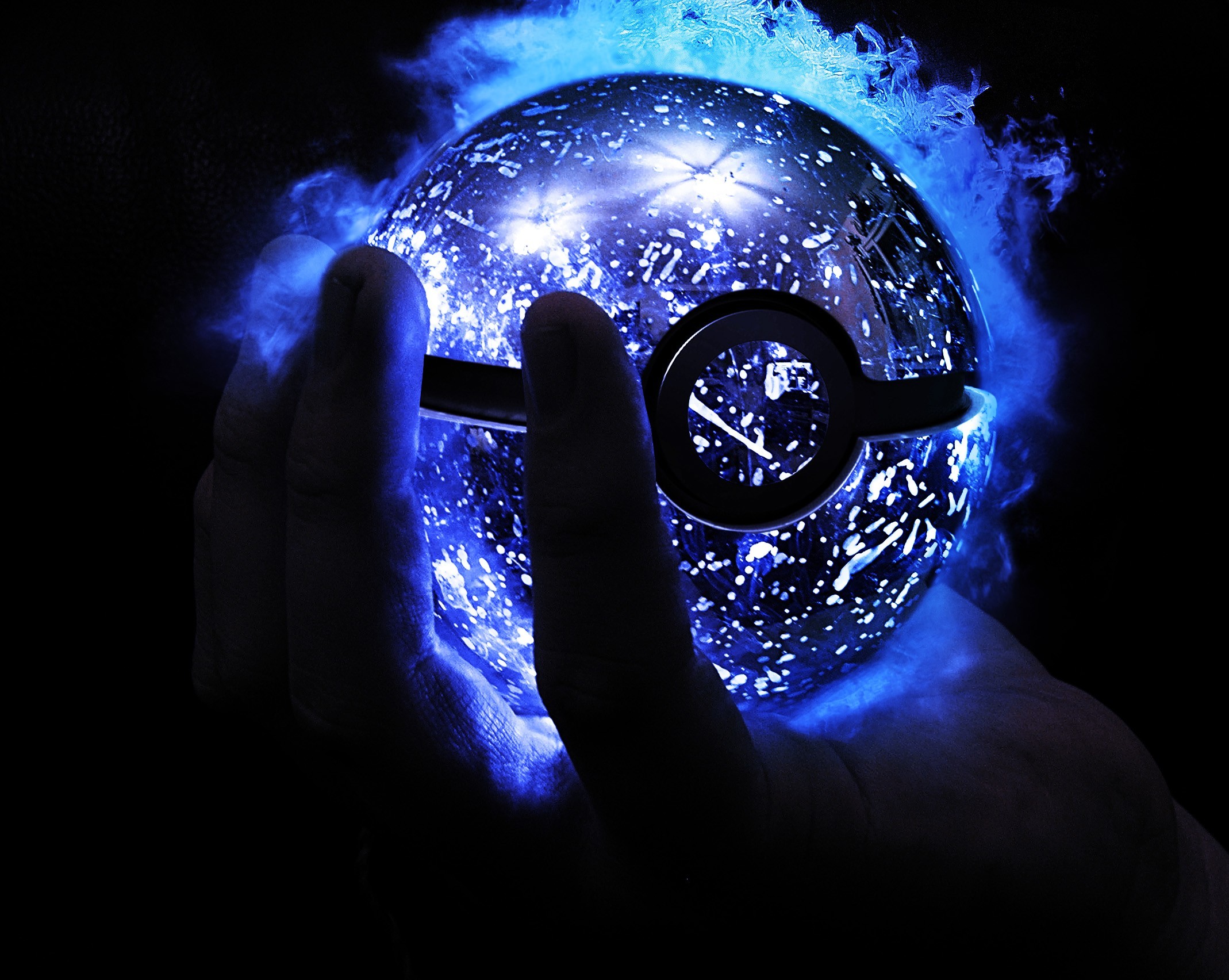 Poké Ball, Pokémon, Mano, Fiamme blu, Full HD, wallpaper desktop