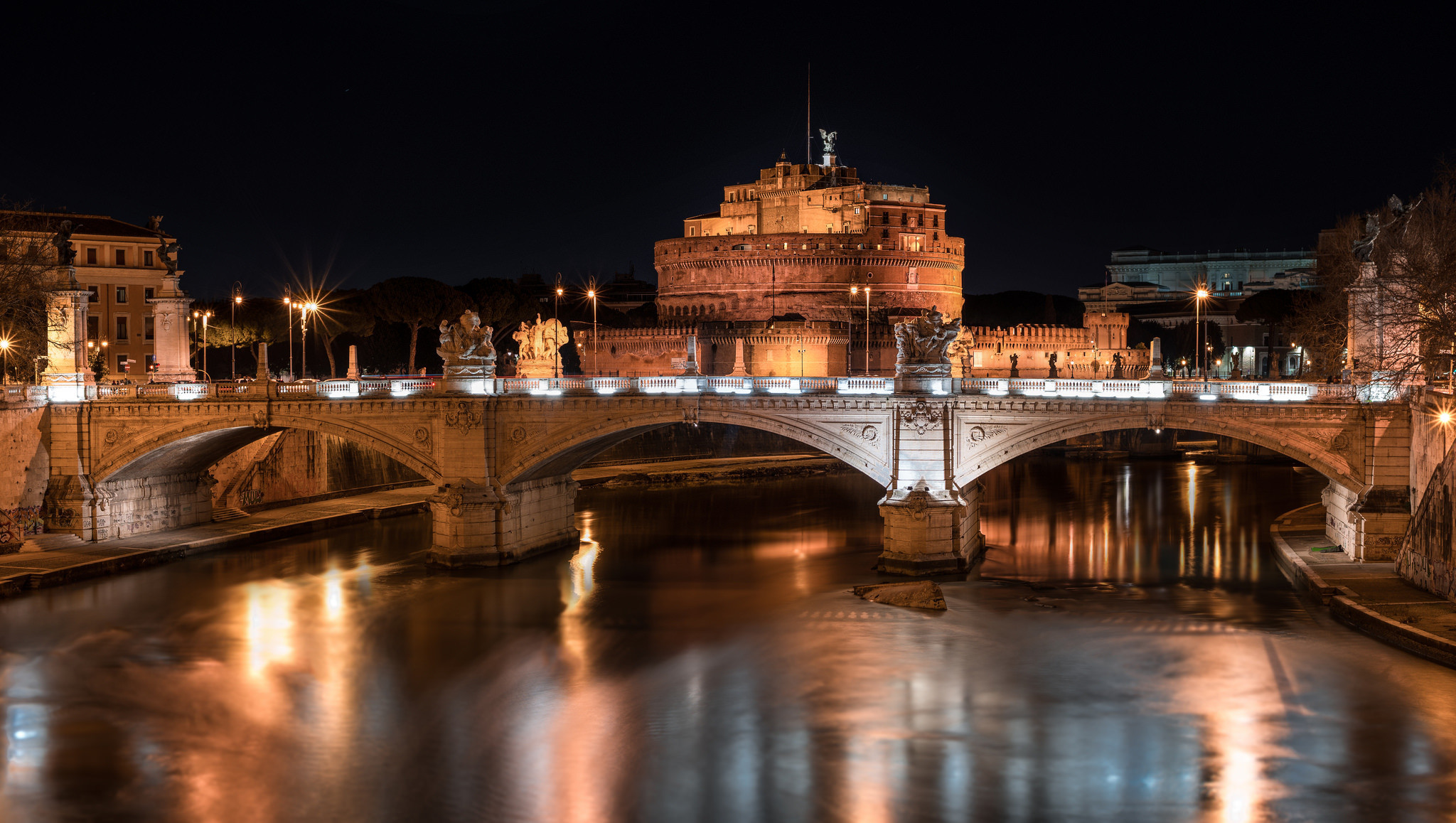 Castel Sant'Angelo, Ponte Vittorio Emanuele II, Tevere, Roma, Notte, sfondo Full HD per PC