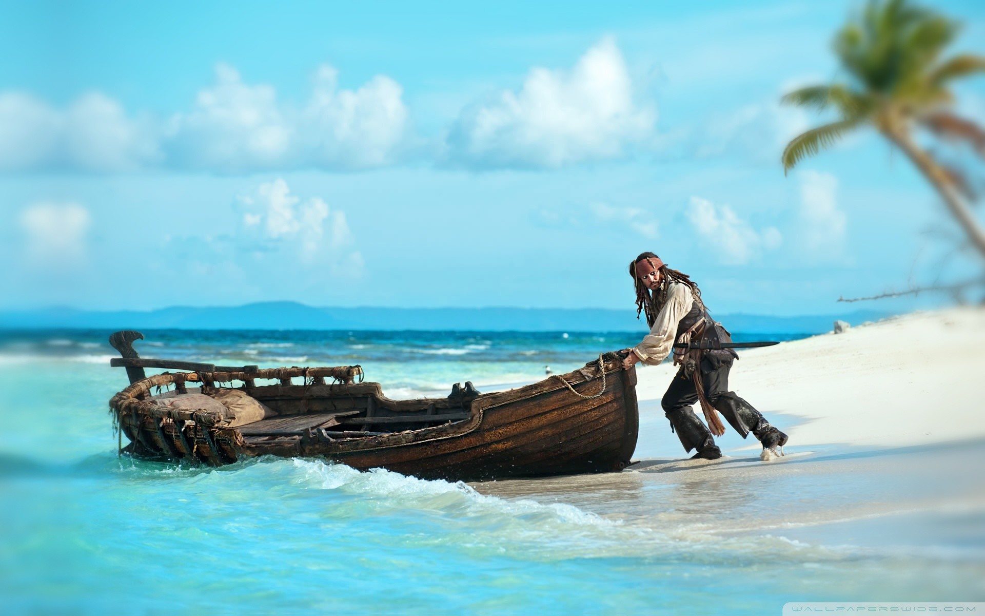 Jack Sparrow, Johnny Depp, Pirati dei Caraibi, Spiaggia, Barca, 1920x1200, sfondo per PC