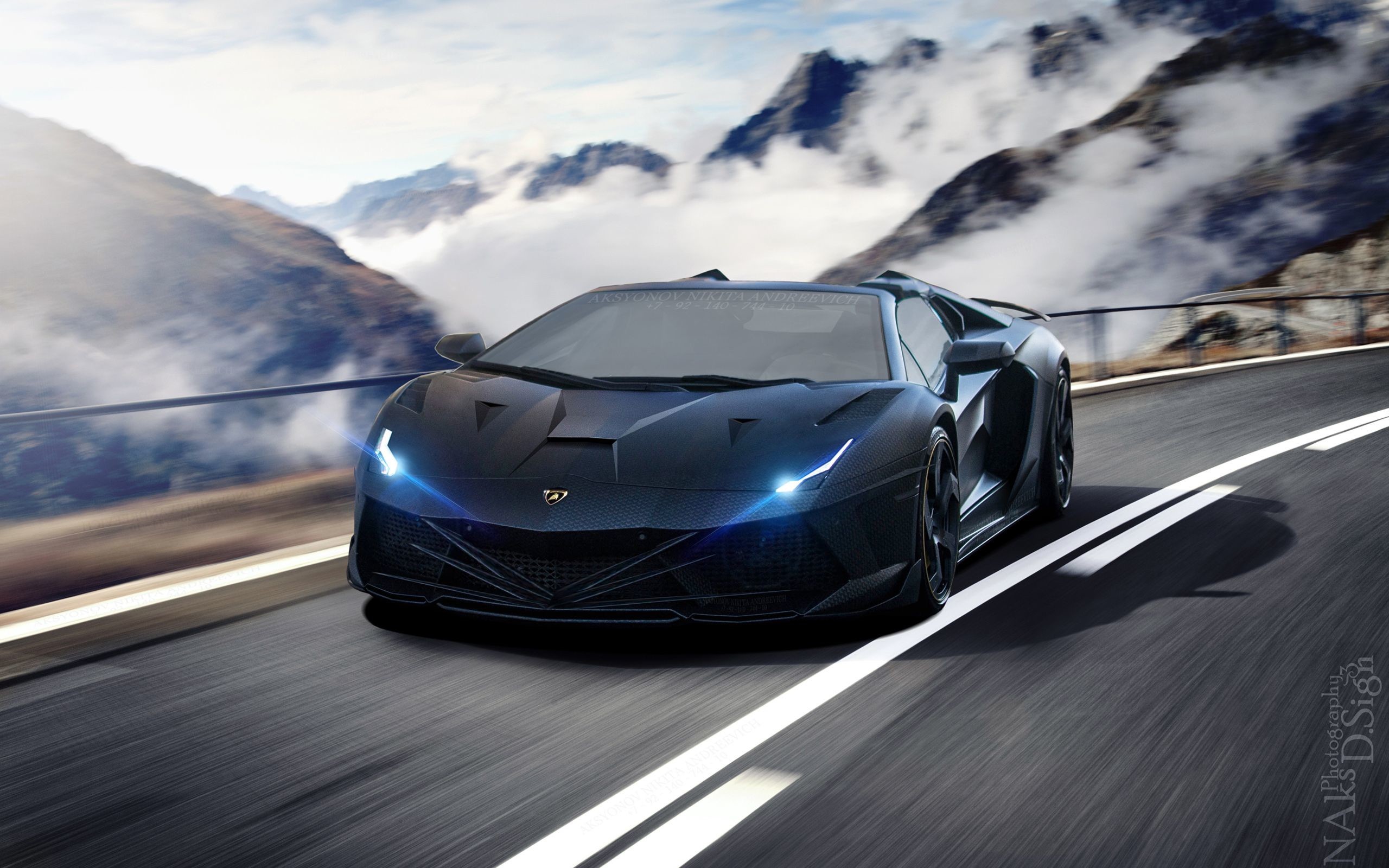 Lamborghini Aventador, Blu scuro, Montagne, Strada, Rendering, 2K, sfondo per PC