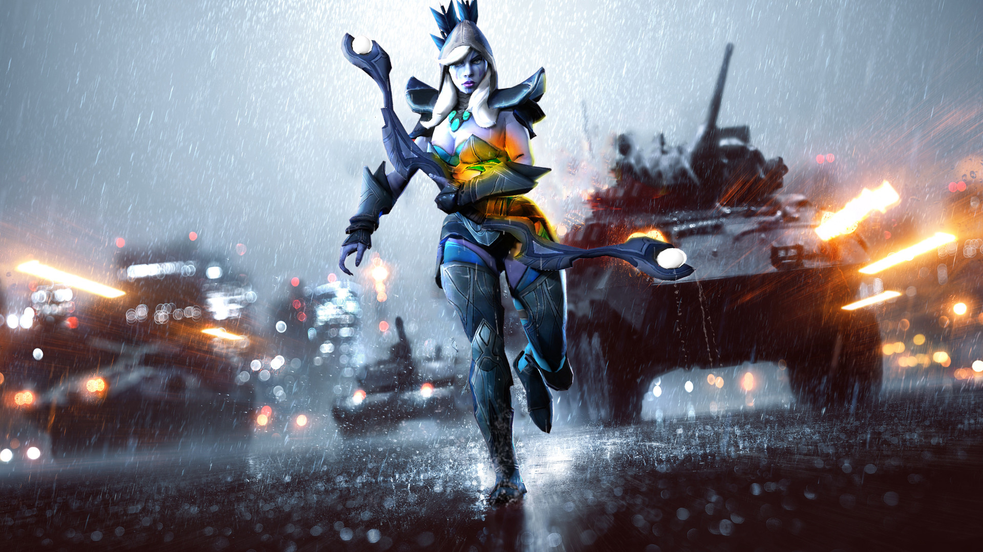 Battlefield 4, Parodia, Personaggio fantasy, Veicolo blindato, Pioggia, sfondo 16:9 Full HD