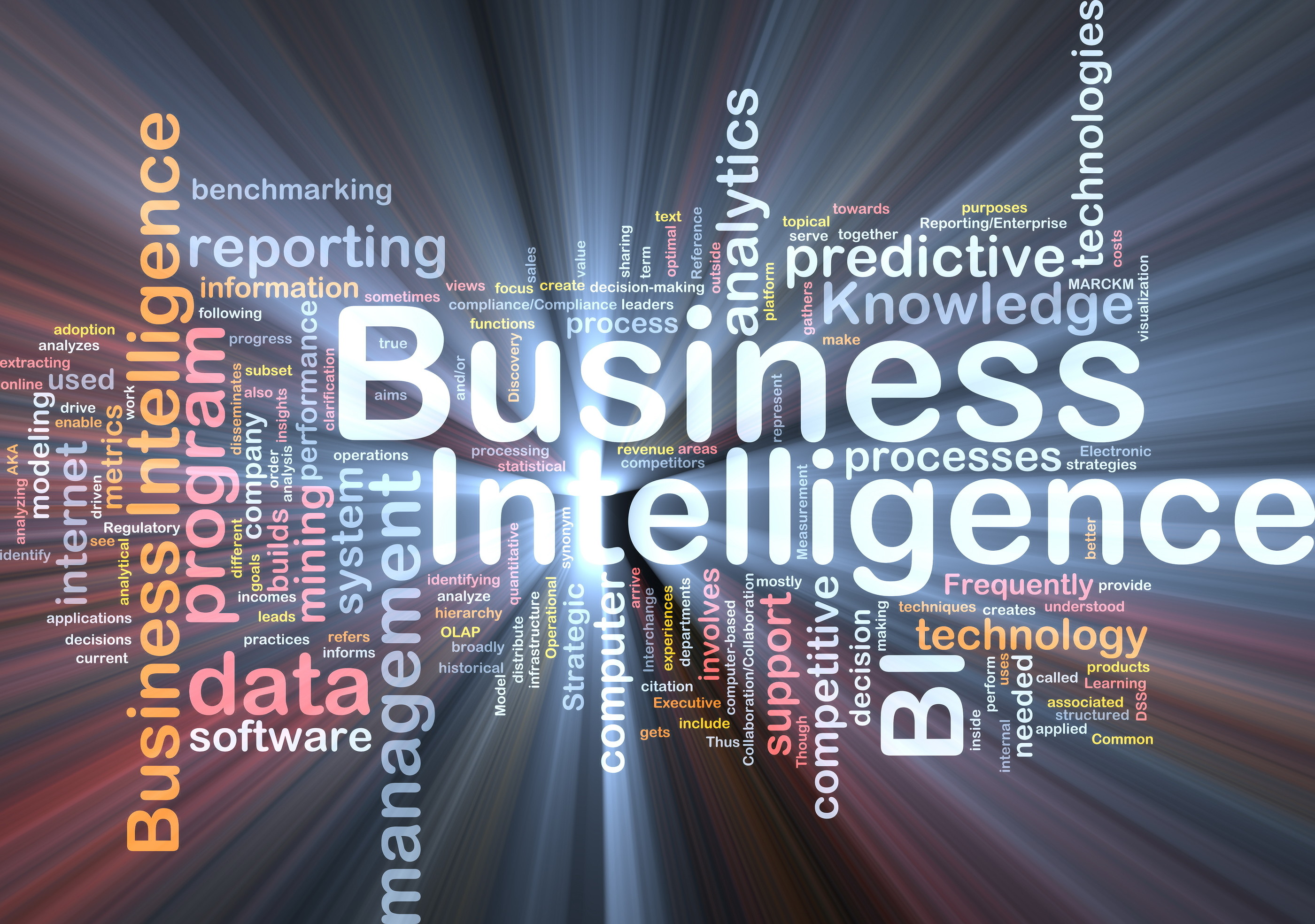 Business Intelligence, Nuvola di parole, Tipografia, Dati, 2K, sfondo per PC e portatile