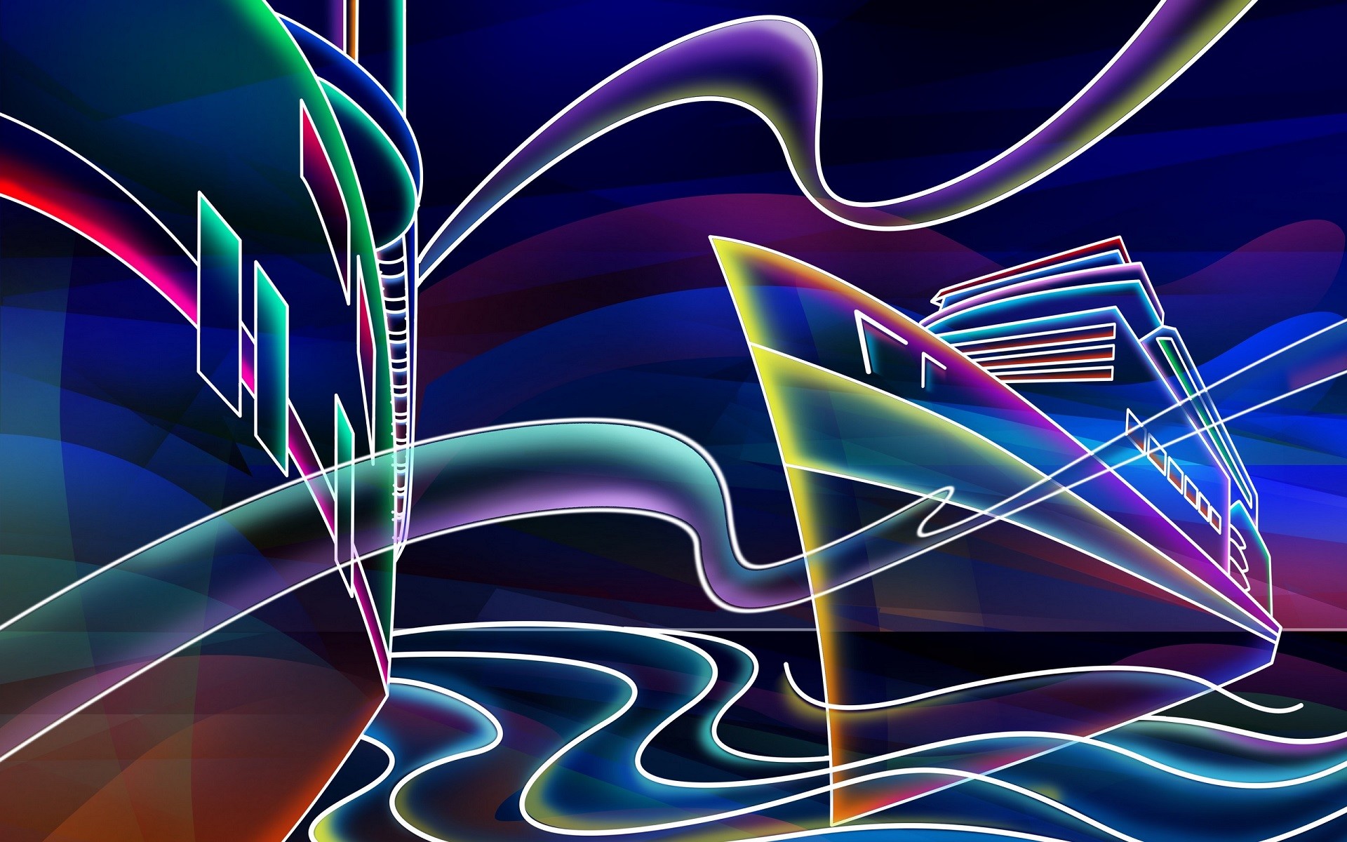 Nave, Linee neon, Arte digitale, Colori vivaci, 1920x1200, immagine di sfondo