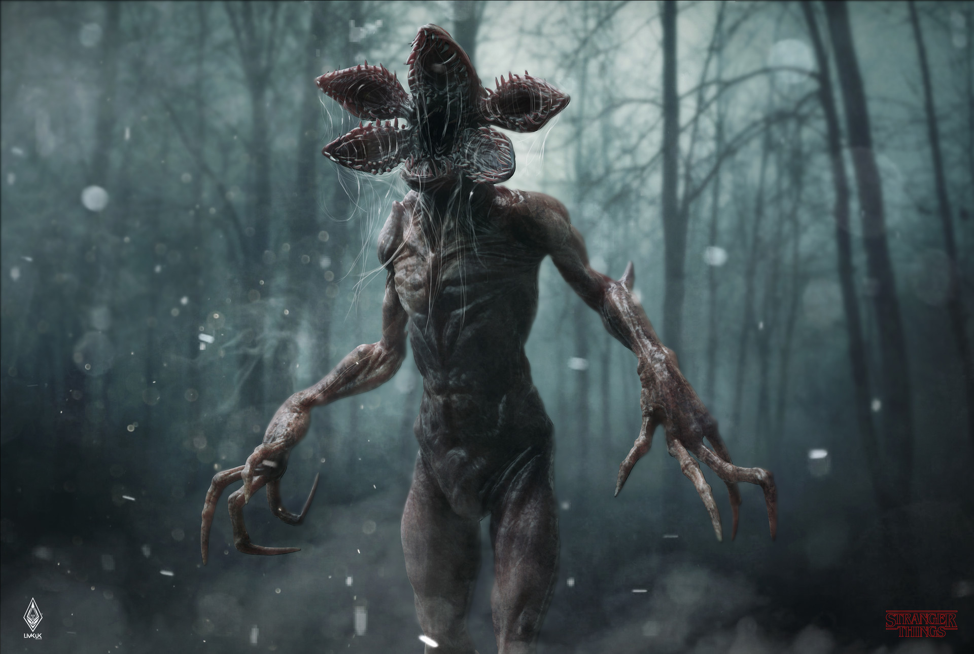 Demogorgone, Stranger Things, Mostro, Foresta, Nebbia, Full HD, sfondo Windows 11