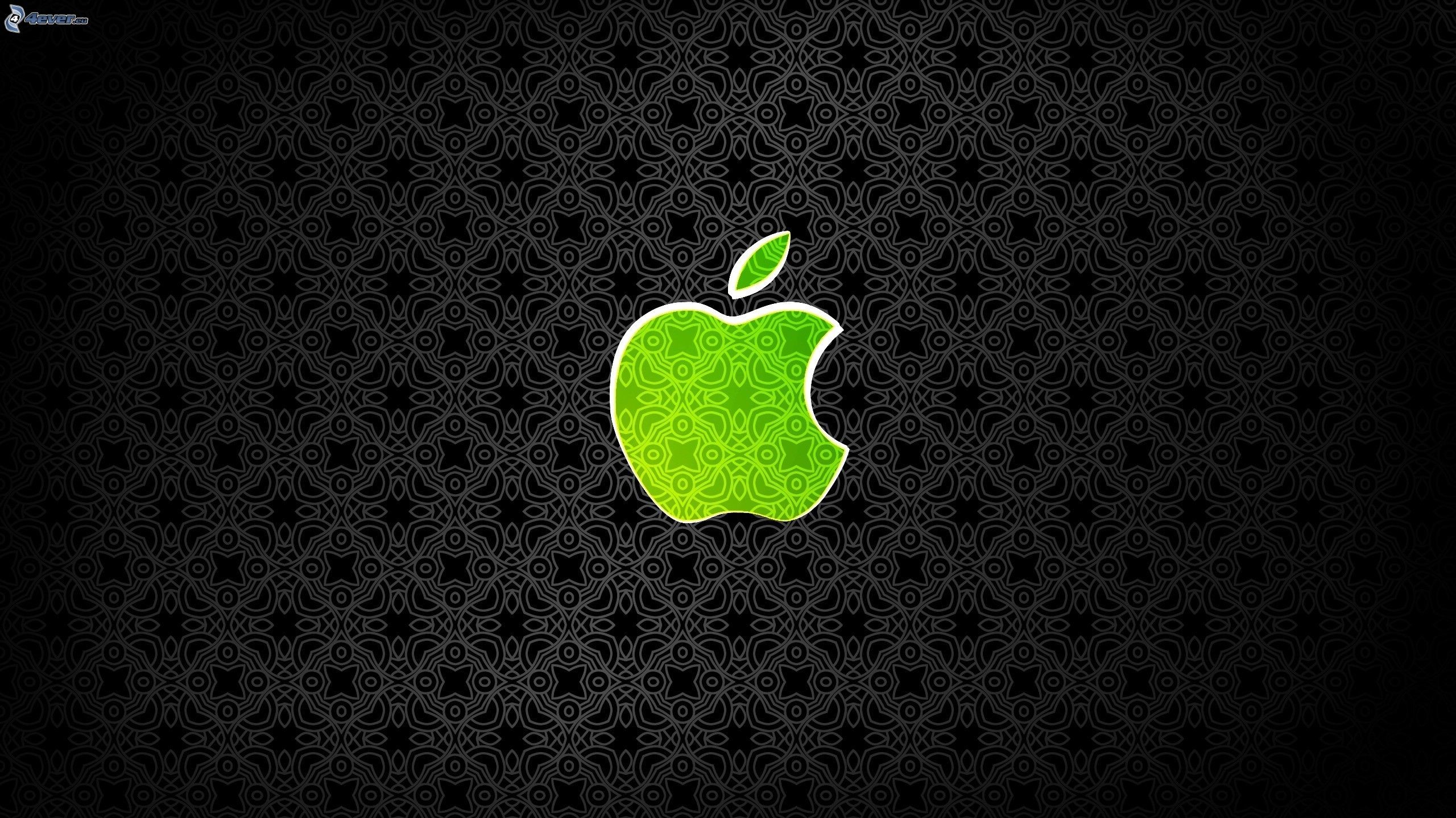 Logo Apple, Mela verde, Motivo, Sfondo nero, 2K, wallpaper per desktop