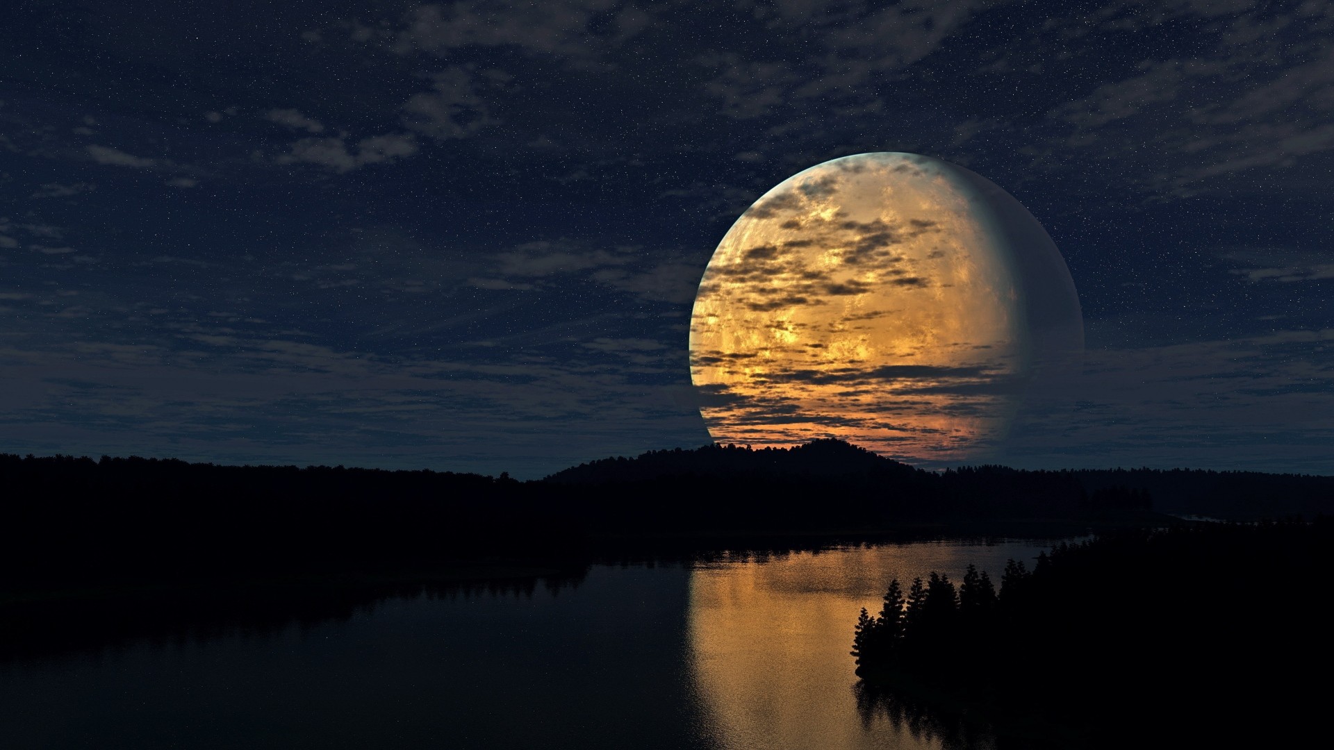 Luna piena, Lago, Riflesso, Nuvole, 1920x1080, wallpaper desktop