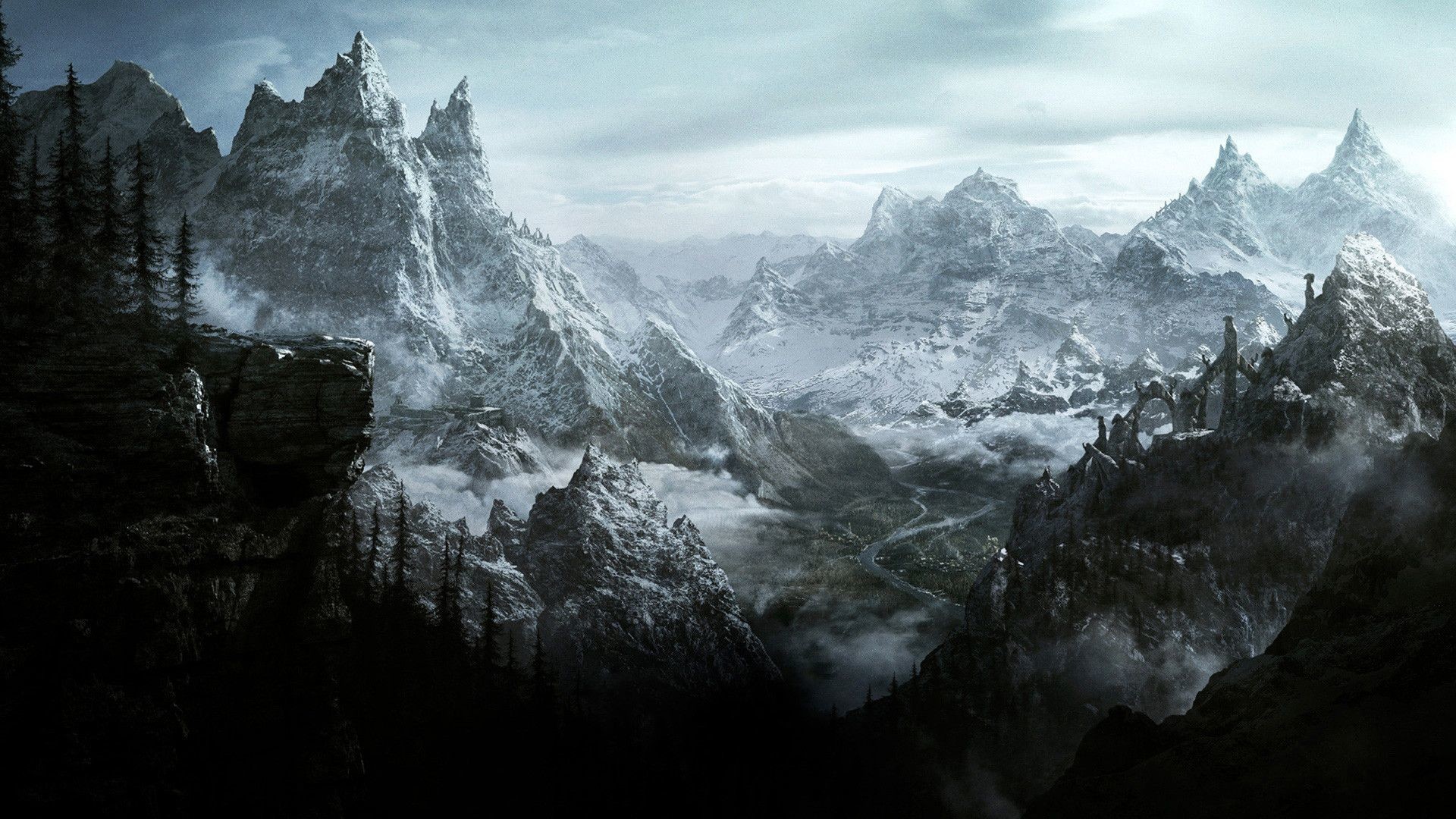 The Elder Scrolls V: Skyrim, Montagne innevate, Nebbia, Paesaggio, sfondo Full HD per portatile