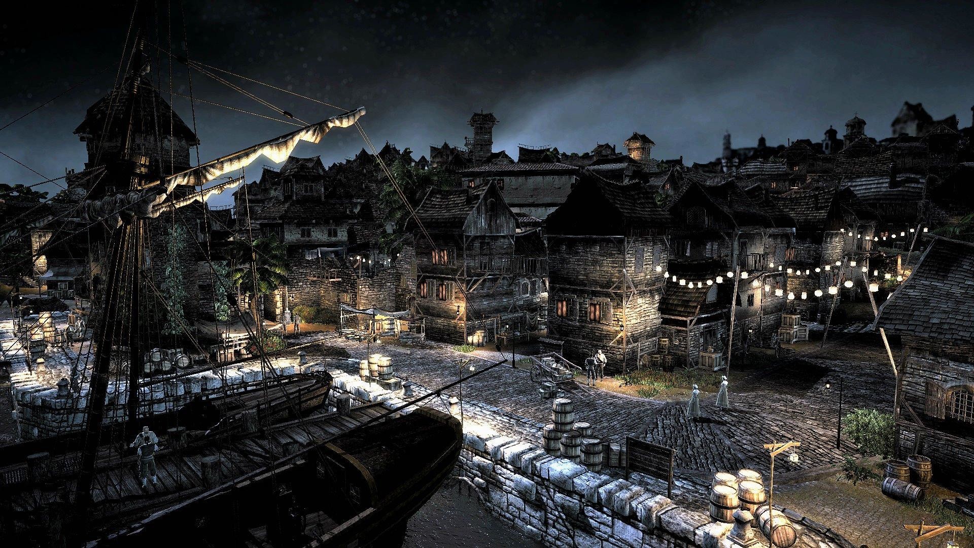 Porto pirata, Villaggio, Notte, Videogioco, Full HD, wallpaper per computer