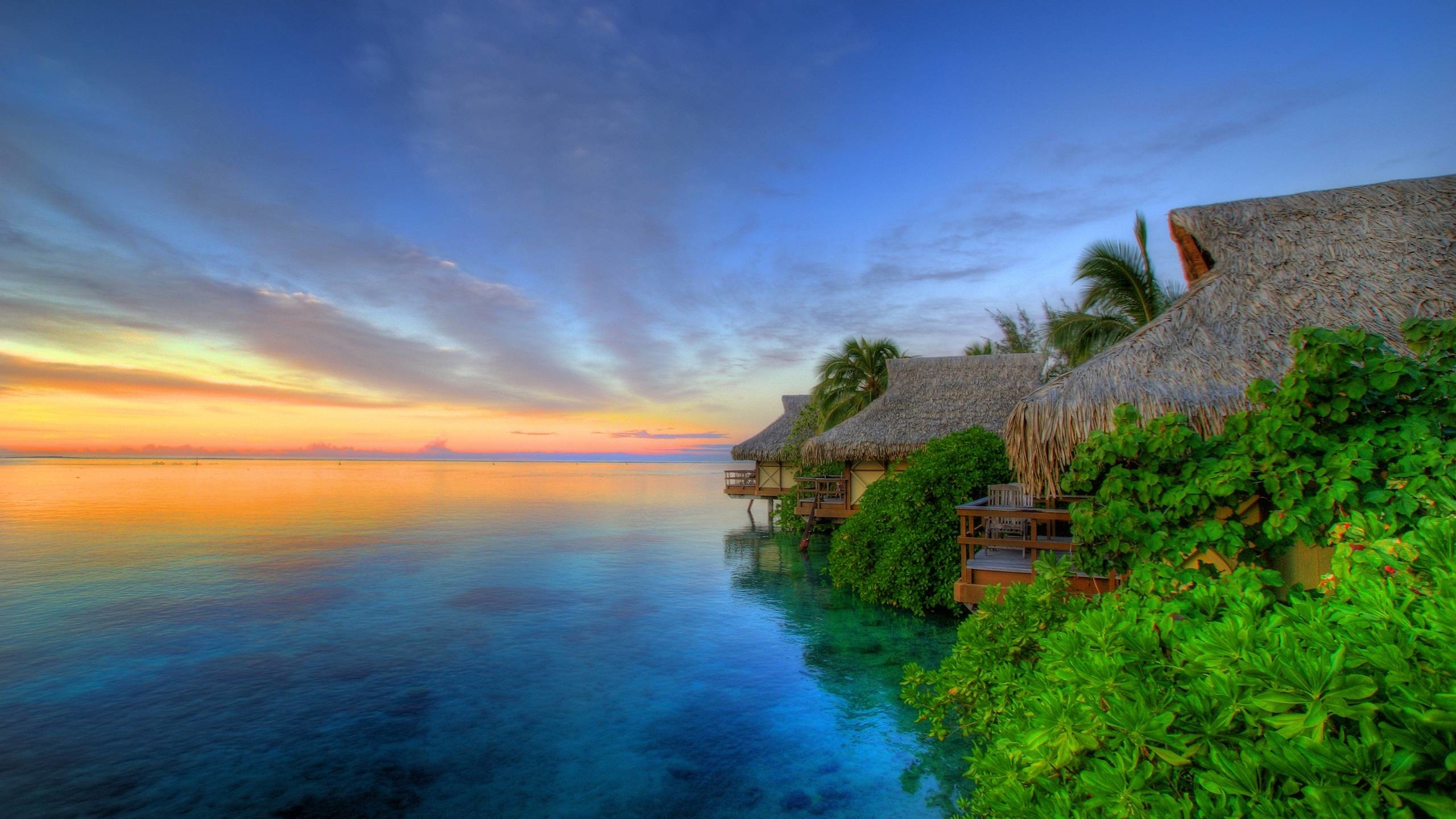 Bungalow, Tropicale, Tramonto, Mare, 2K, wallpaper iMac
