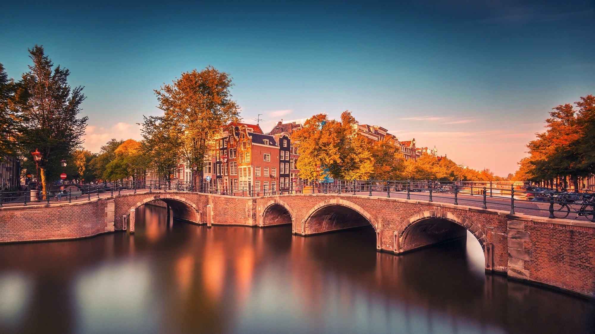 Amsterdam, Ponte, Canale, Autunno, Tramonto, Full HD, wallpaper desktop