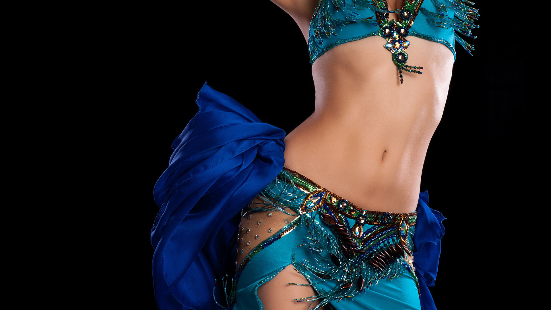 Danza del ventre, Costume orientale, Turchese, Sfondo nero, 16:9 Full HD, wallpaper widescreen