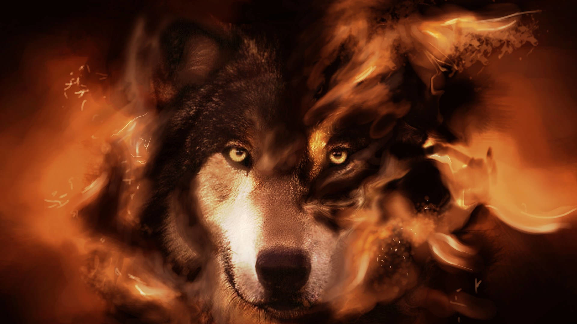 Lupo, Fiamme, Fuoco, Arte digitale, Arancione, 1920x1080, sfondo per PC