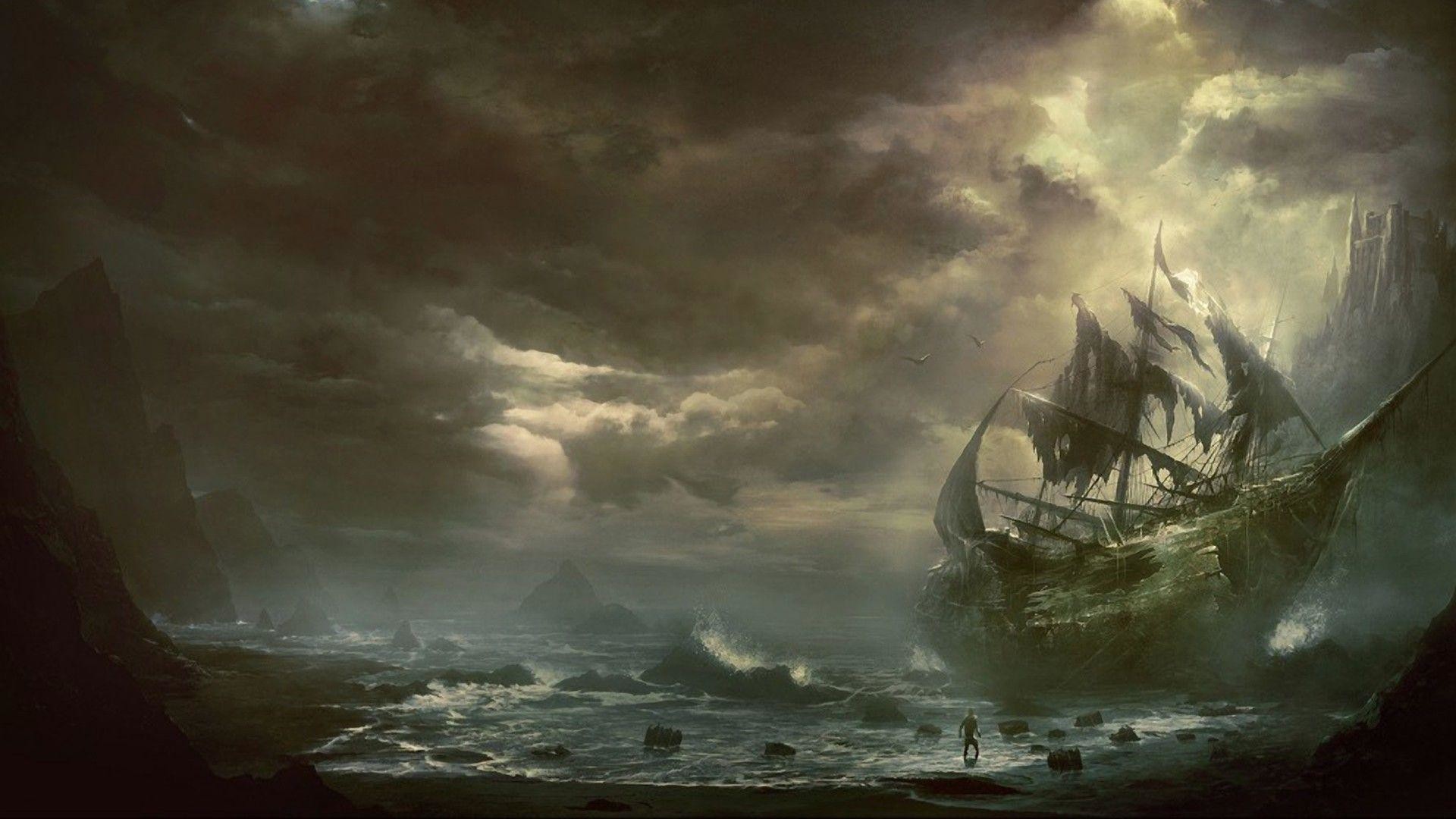 Nave pirata, Tempesta, Costa, Nuvole, Full HD, sfondo per portatile