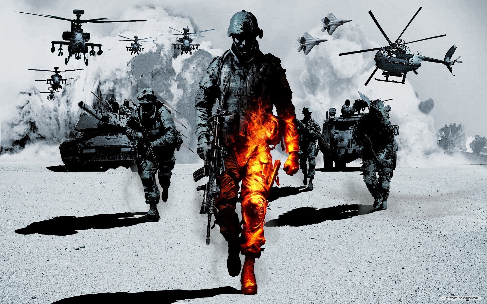 Battlefield: Bad Company 2, Soldati, Elicotteri, Carri armati, Bianco e nero, sfondo per PC