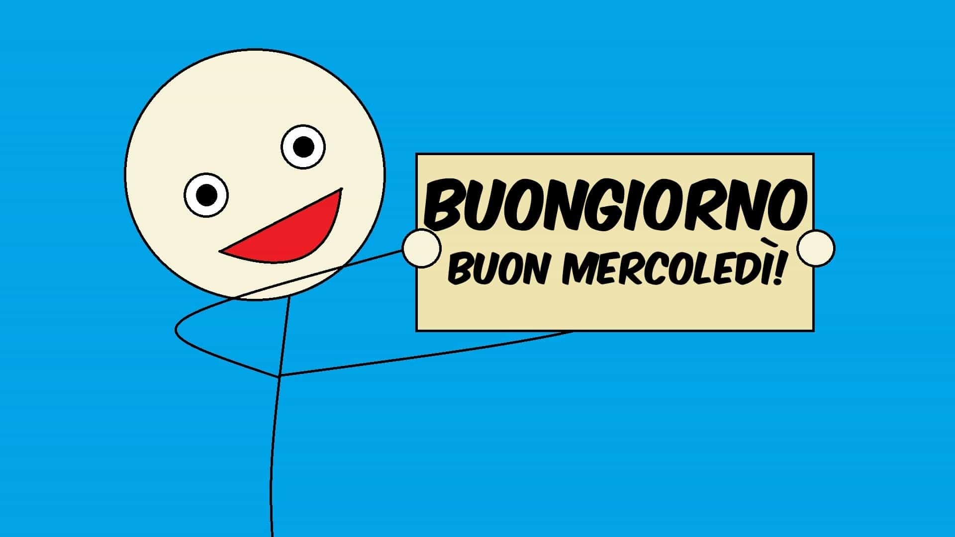 Buongiorno, Buon mercoledì, Faccina, Cartone animato, Sfondo azzurro, wallpaper 1920x1080