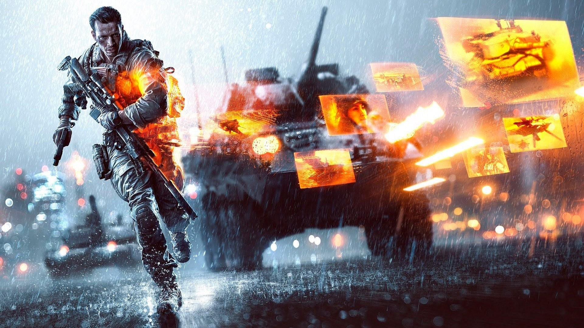 Battlefield 4, Soldato, Veicolo blindato, Esplosioni, Pioggia, Full HD, sfondo per portatile