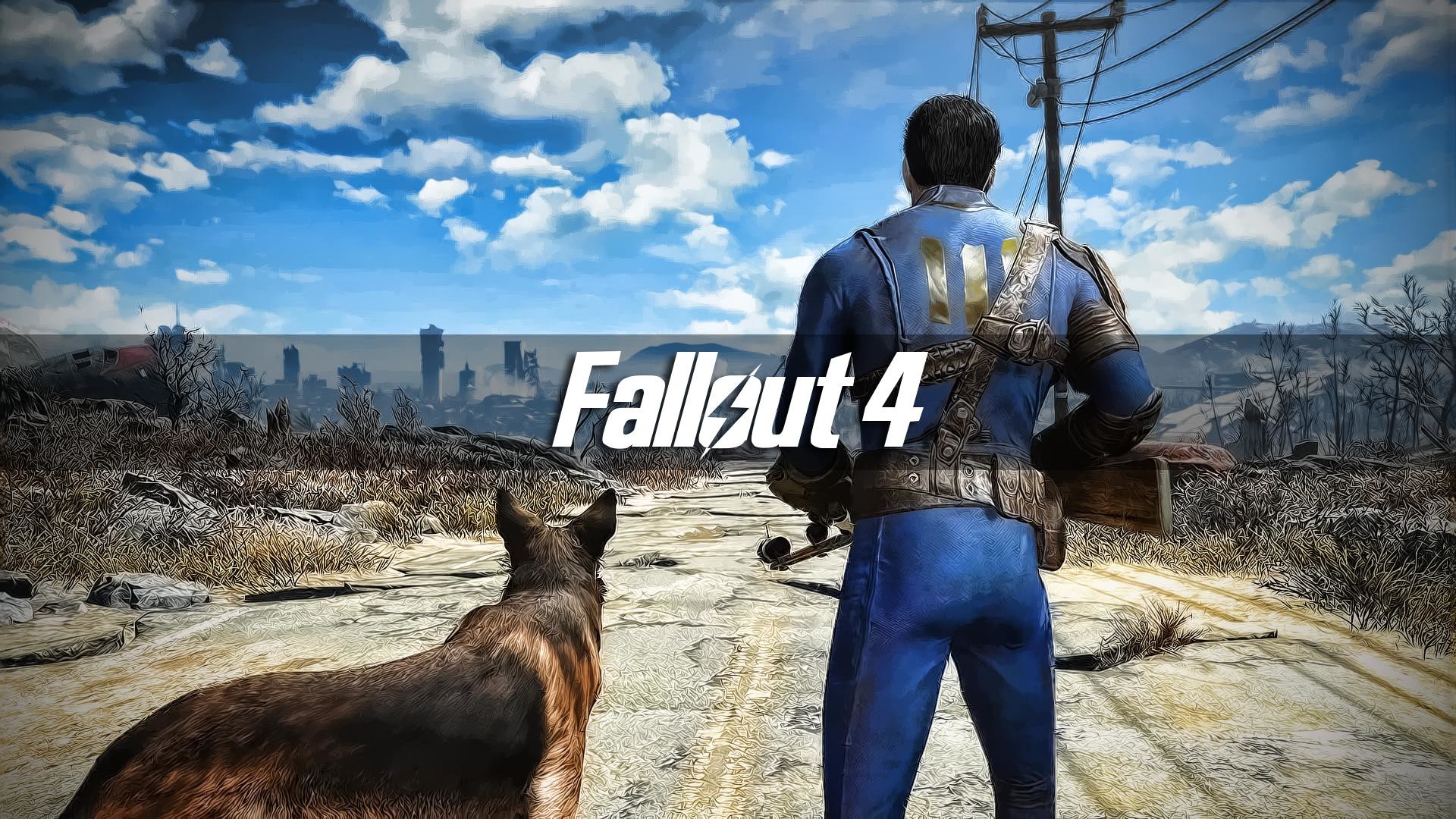 Fallout 4, Unico Sopravvissuto, Dogmeat, Logo, Cielo azzurro, Full HD, sfondo per PC