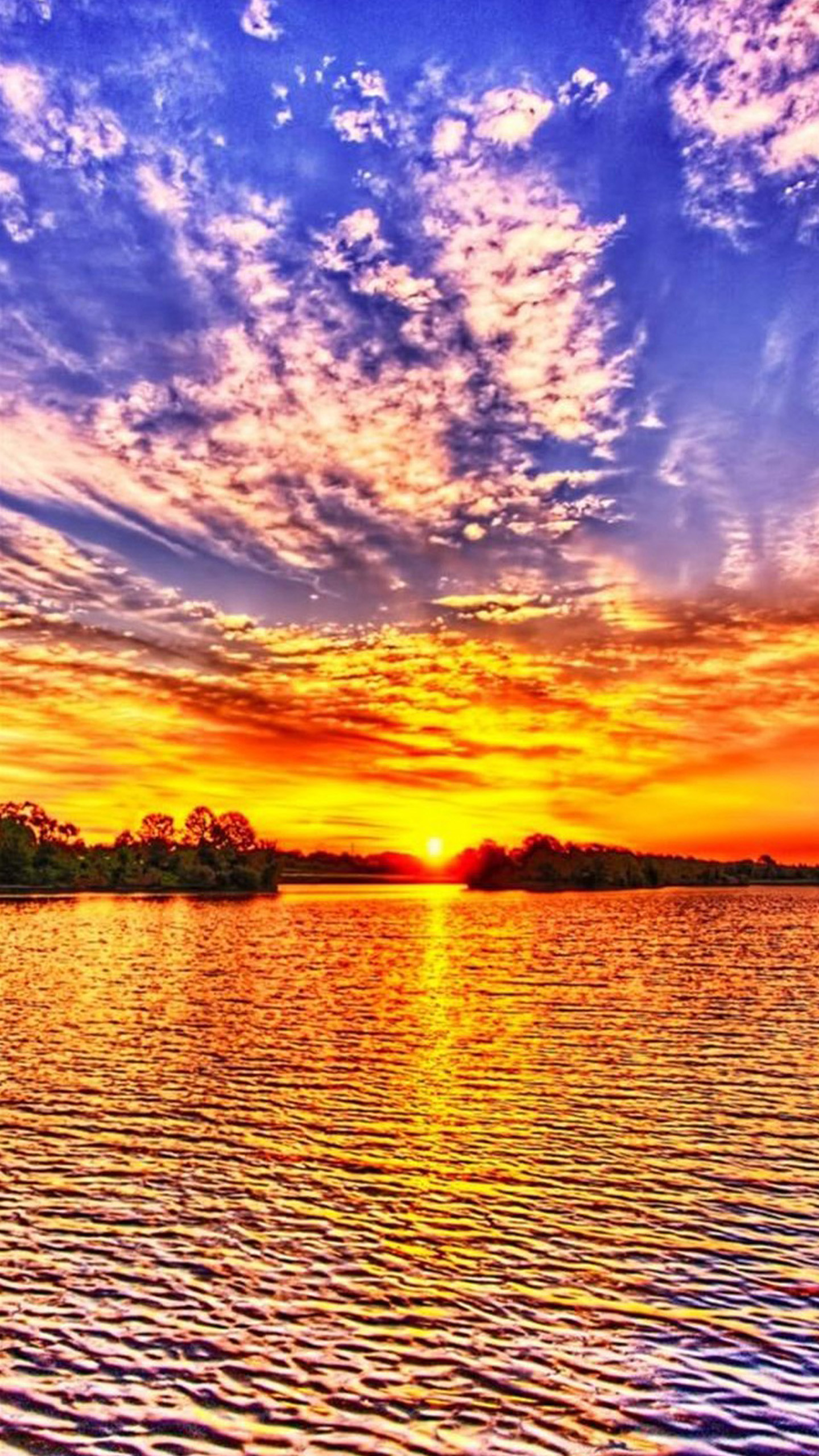 Tramonto, Lago, Nuvole, Cielo colorato, QHD+, sfondo per iPhone e Android