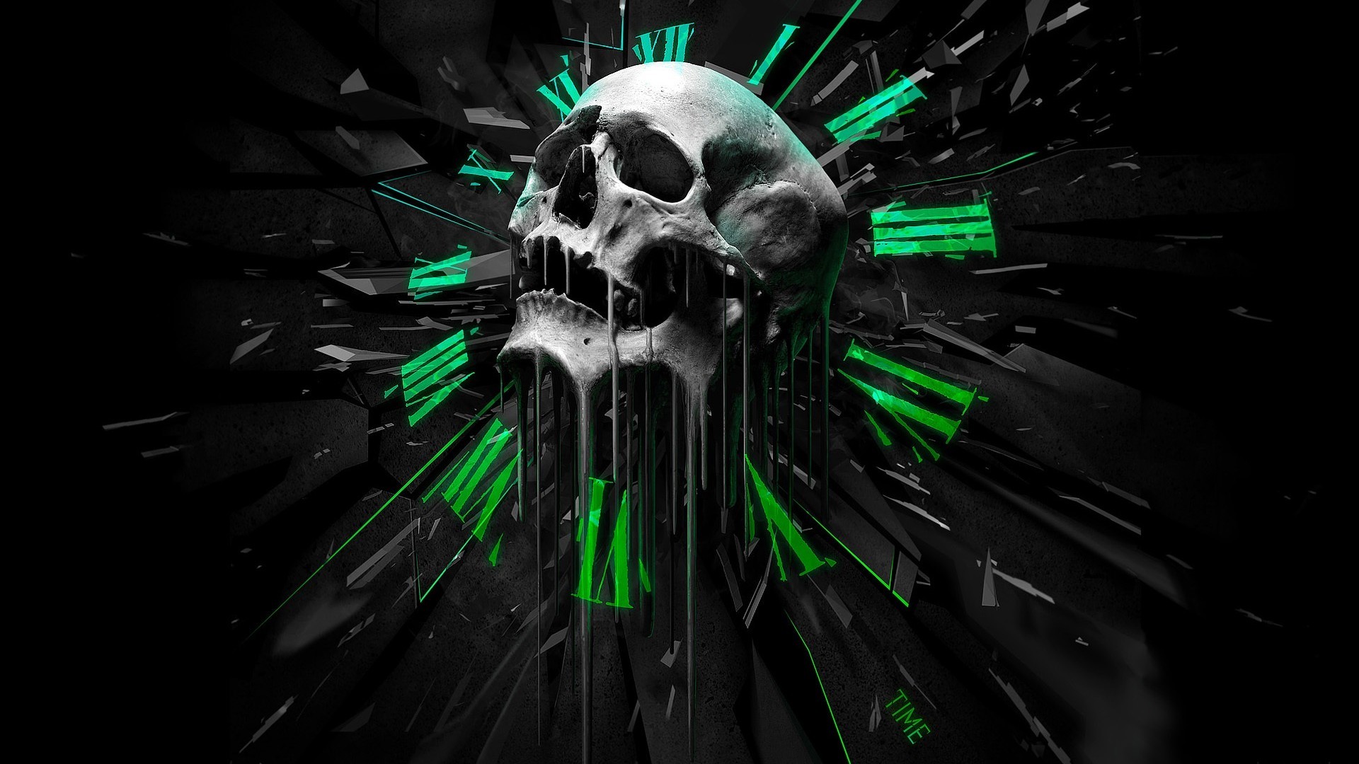 Teschio, Frammenti, Verde, Sfondo nero, Full HD, wallpaper desktop