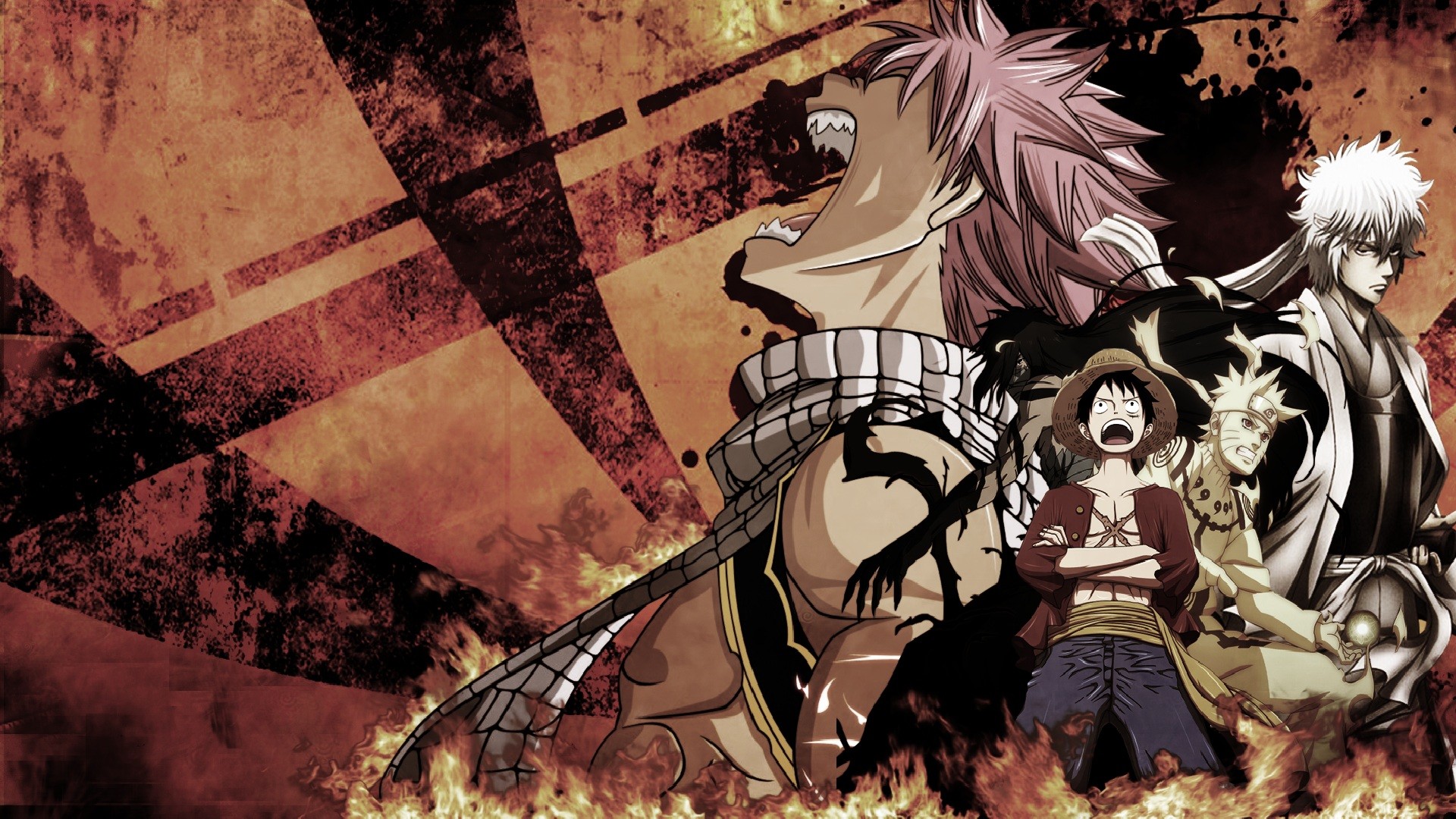 Natsu Dragneel, Fairy Tail, One Piece, Naruto, Crossover, 1920x1080, immagine di sfondo