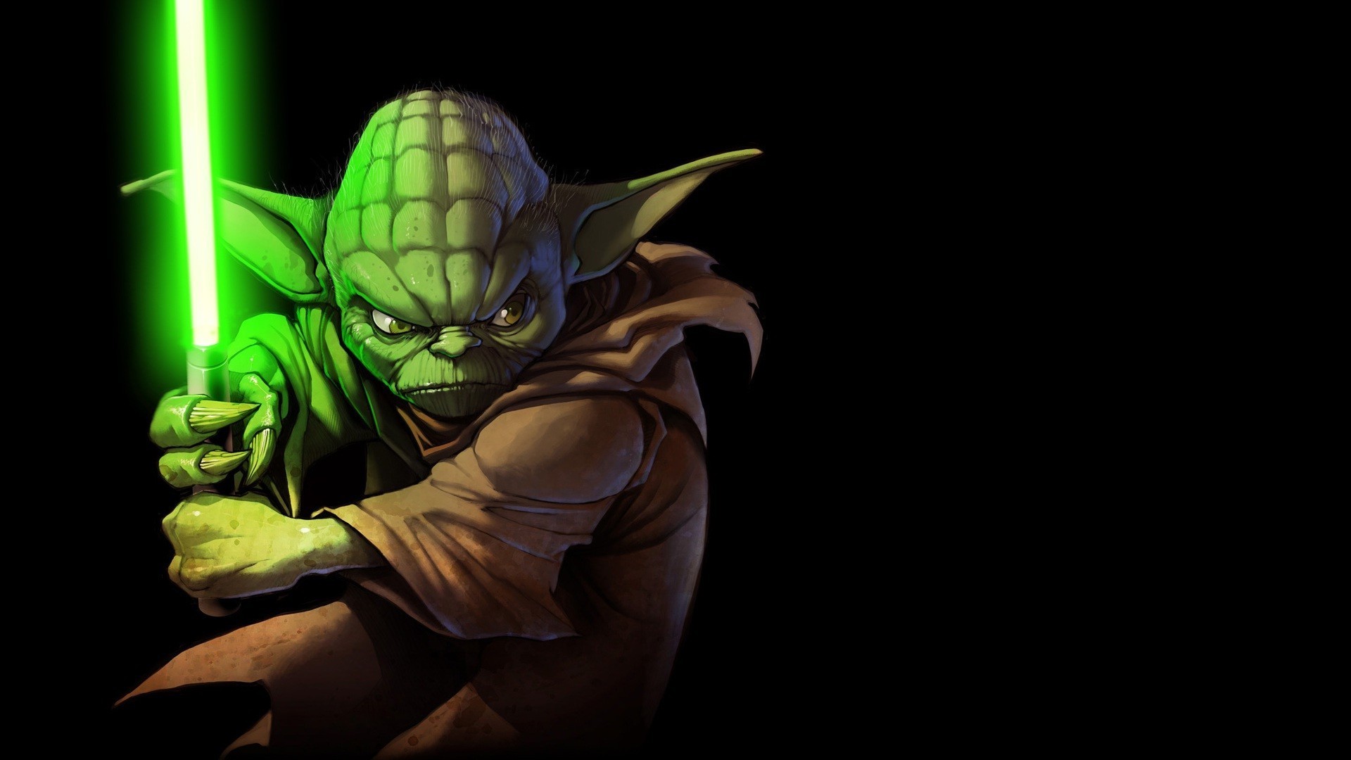 Yoda, Spada laser verde, Star Wars, Sfondo nero, Full HD, wallpaper per PC