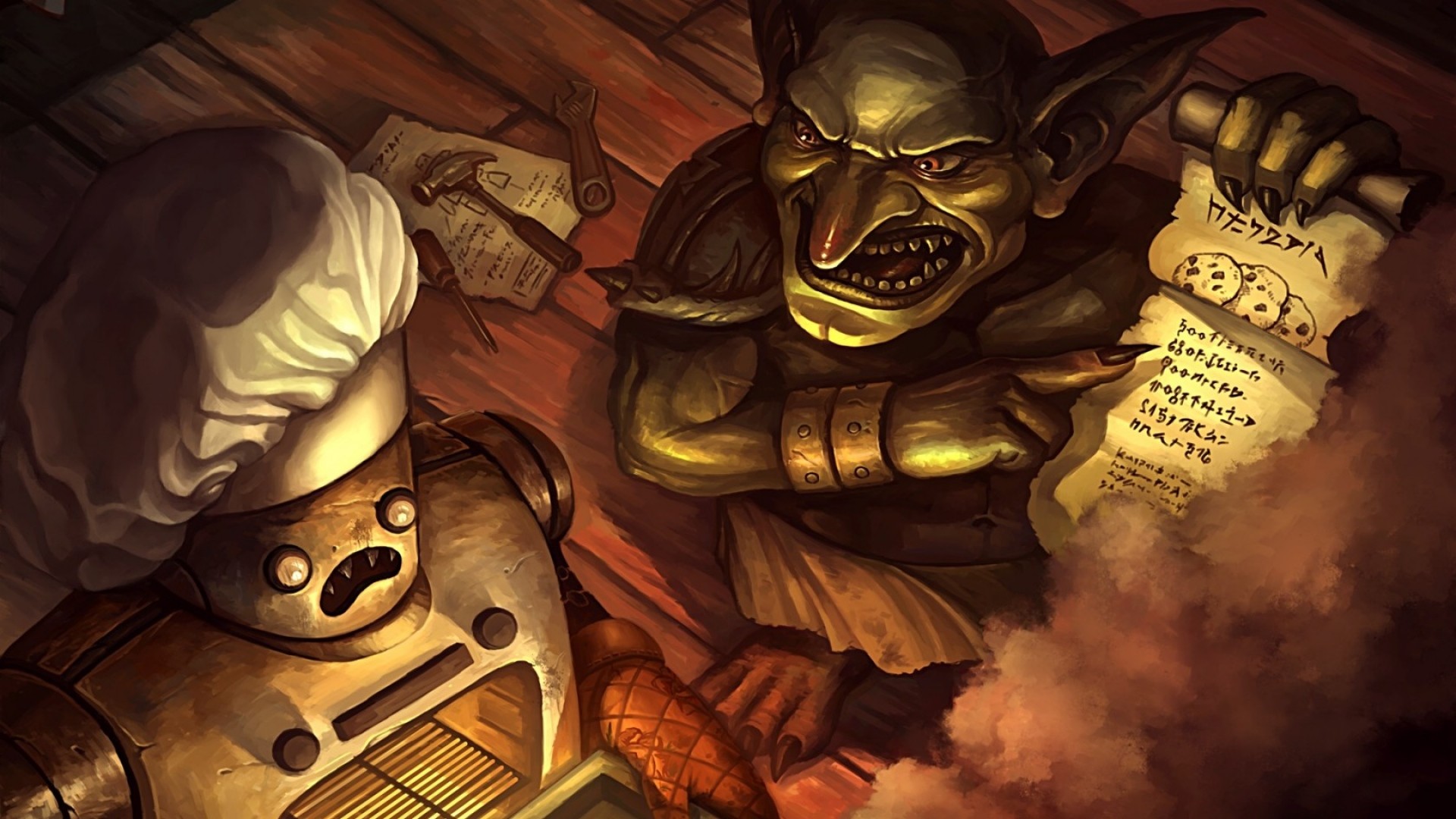 Hearthstone, Goblin, Robot, Pergamena, Illustrazione, Full HD, sfondo per PC e portatile