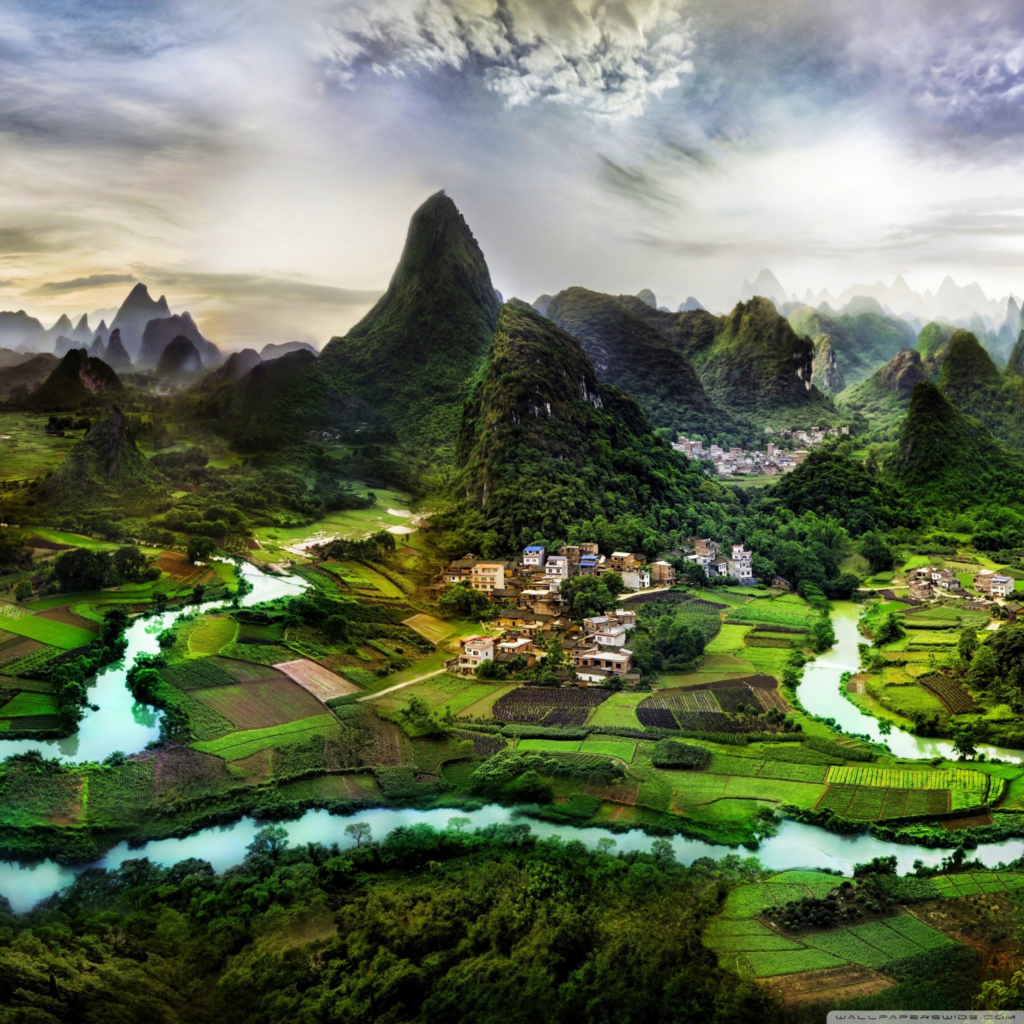 Yangshuo, Guangxi, Cina, Montagne carsiche, Fiume, Villaggio, sfondo per iPad e tablet