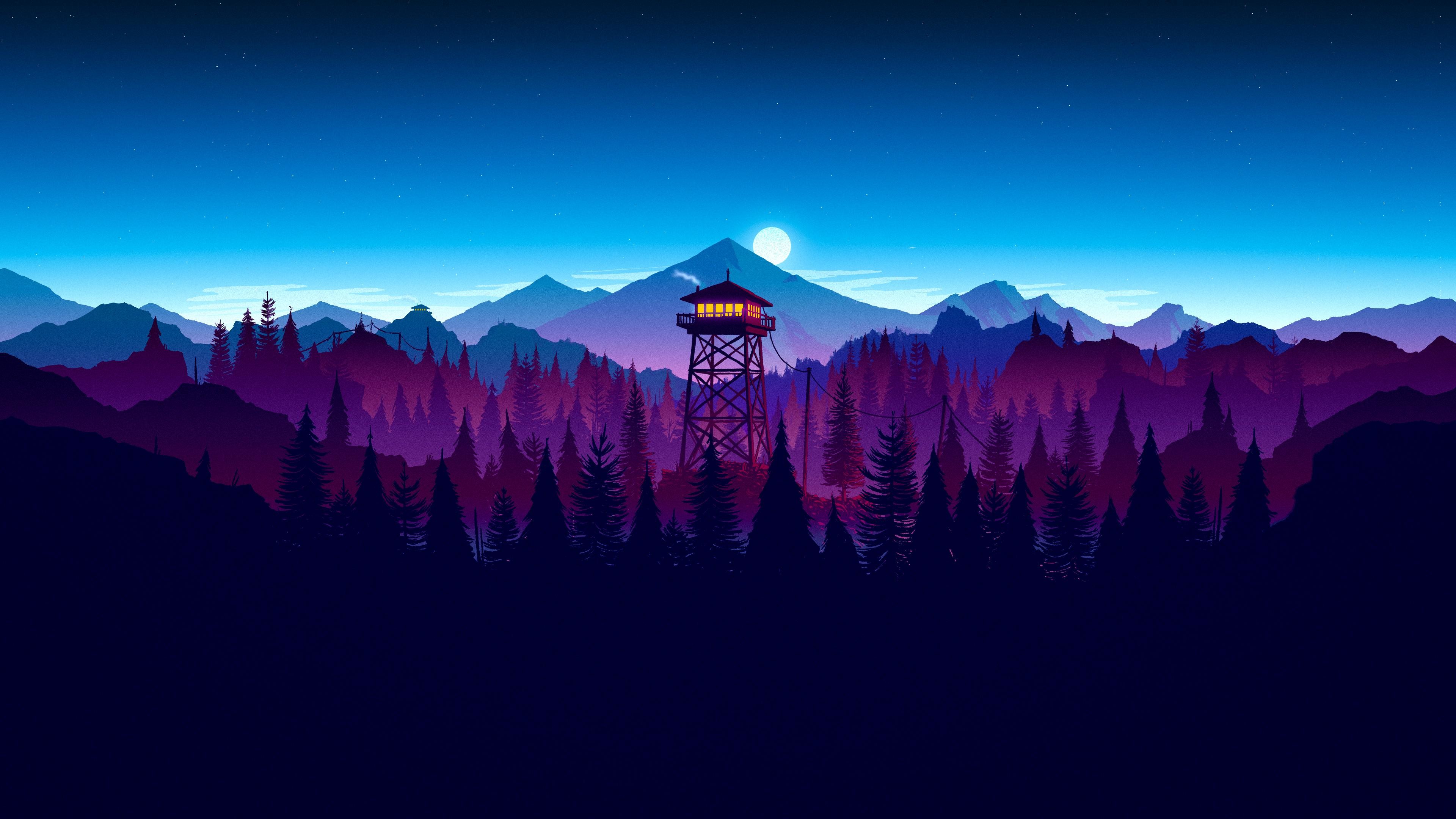 Firewatch, Torre di avvistamento, Montagne, Notte, Blu, 4K, wallpaper per PC