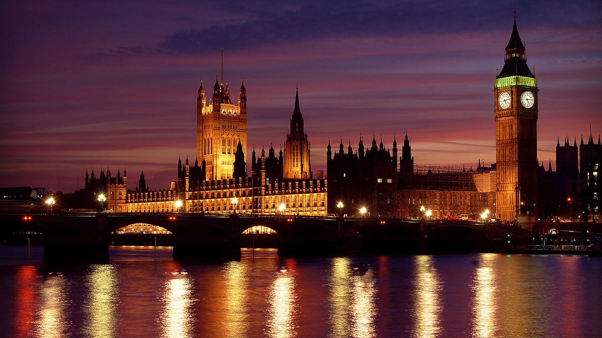 Palazzo di Westminster, Big Ben, Ponte di Westminster, Tamigi, Londra, Notte, Riflessi, sfondo 1080p