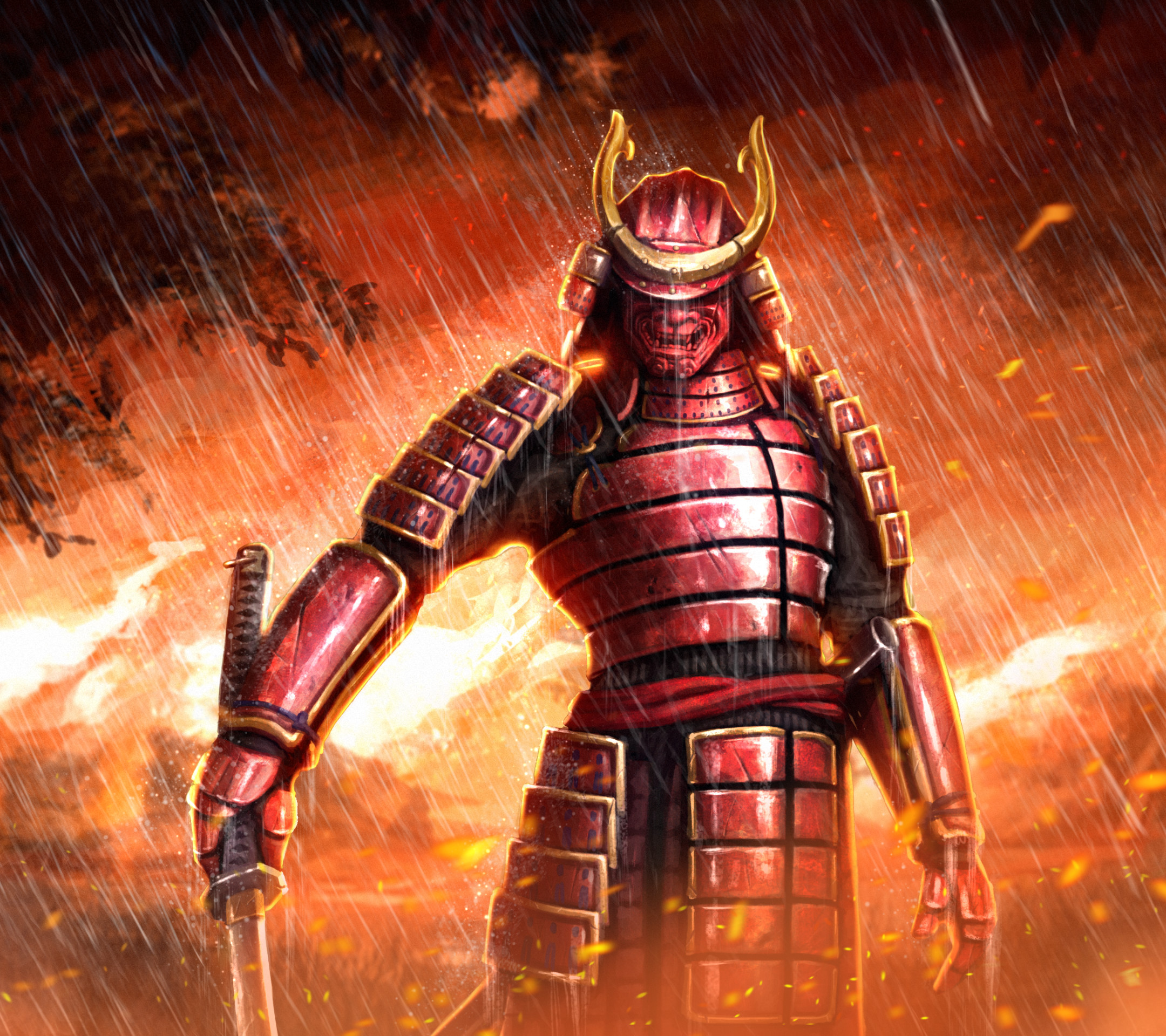Samurai, Armatura rossa, Fuoco, Pioggia, sfondo per iPad e tablet